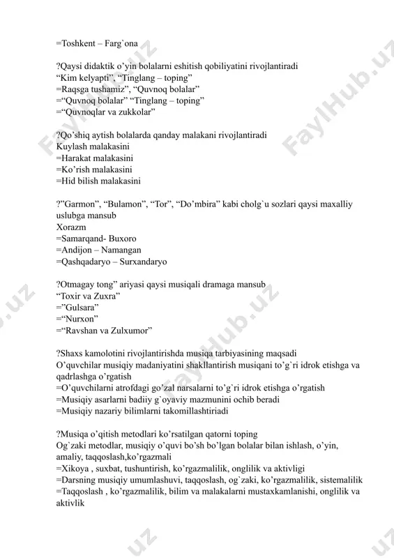 ini rivojlantirishda musiqa tarbiyasining maqsadi o’quvchilar musiqiy madaniyatini shakllantirish musiqani to’g`ri idrok etishga va qadrlashga o’rgatish =o’quvchilarni atrofdagi go’zal narsalarni to’g`ri idrok etishga o’rgatish =musiqiy asarlarni badiiy g`oyaviy mazmunini ochib beradi =musiqiy nazariy bilimlarni takomillashtiriadi ?musiqa o’qitish metodlari ko’rsatilgan qatorni toping og`zaki metodlar, musiqiy o’quvi bo’sh bo’lgan bolalar bilan ishlash, o’yin, amaliy, taqqoslash,ko’rgazmali =xikoya , suxbat, tushuntirish, ko’rgazmalilik, onglilik va aktivligi =darsning musiqiy umumlashuvi, taqqoslash, og`zaki, ko’rgazmalilik, sistemalilik =taqqoslash , ko’rgazmalilik, bilim va malakalarni mustaxkamlanishi, onglilik va aktivlik ?vokal - xor malakalari musiqa darsida qanday ahamiyatga ega o’quvchilarni diqqat e`tiborini kuchaytiradi, xotirasi, nutqini rivojlantiradi. =vokal - xor malakalari asosan bolalarni fikrlashlarini rivojlantiradi =bolalar ovoz apparatlarini rivojlantiradi, e`tiborini kuchaytiradi =vokal xor malakalar vositasida yoqimli va jarangdor ovoz hosil qilinadi ?nafas necha turga bo’linadi 2ta:tabiiy va sun’iy =2ta: xarakterli, mazmunli =3ta:tabiiy,mazmunli,ohangdor =2ta:ohangdor,xarakterli ?ashulachilik apparatining tuzilishi qanday nafas, ovoz, nutq va eshituv organlari =eshituv organlari va ovoz xosil qilish apparat =nafas va kuylash …