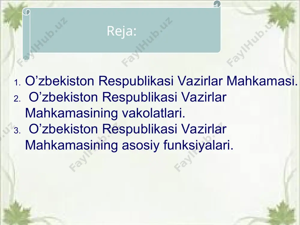 alarni taqsimlaydi, keyinchalik bu masala vazirlar mahkamasining raisi tomonidan tasdiqlanadi; o’zbekiston respublikasi prezidentining topshirig’iga binoan xalqaro munosabatlarda o’zbekiston respublikasi hukumati nomidan ish ko’radi hamda hukumatlararo shartnomalar va bitimlarni imzolaydi; vazirlar mahkamasining majlisida ko’rib chiqish talab etilmaydigan davlat va xo’jalik boshqaruvi masalalari bo’yicha qarorlar qabul qiladi; vazirlar mahkamasi raisining topshirig’i bo’yicha boshqa masalalarni ham hal etadi. bosh vazir bo’lmagan hollarda uning vazifalarini birinchi o’rinbosar bajaradi. o’zbekiston respublikasi konstitutsiyasining xx bobi «vazirlar mahkamasi» deb nomlanib, unda vazirlar mahkamasi — hukumatni tashkil qilish tartibi, hukumat tarkibi, vazifasi belgilangan. hukumatning faoliyati 2003 yil 29 avgustda yangi tahrirda qabul qilingan «o’zbekiston respublikasi vazirlar mahkamasi to’g’risida»gi qonun bilan tartibga solinadi. konstitutsiya va qonunga asosan vazirlar mahkamasi iqtisodiyotning, ijtimoiy va ma'naviy sohaning samarali faoliyatiga rahbarlikni, o’zbekiston respublikasi qonunlari, oliy majlis qarorlari, o’zbekiston respublikasi prezidentining farmonlari, qarorlari va farmoyishlari ijrosini ta'minlaydi (konstitutsiyaning 98-moddasi). vazirlar mahkamasini shakllantirish muhim masalalardan bo’lganligi tufayli uni shakllantirish qoidalari va tartibi konstitutsiya normalari bilan …