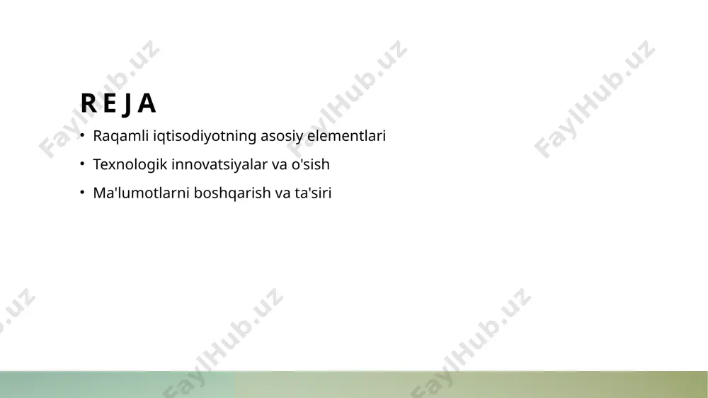 rni o'rganishga yordam beradi. 3 ma'lumotlarni boshqarish ma'lumotlarni samarali boshqarish raqamli iqtisodiyotning muvaffaqiyati uchun zarurdir. bu, ma'lumotlarni to'plash, tahlil qilish va xavfsizligini ta'minlashni o'z ichiga oladi. raqamli iqtisodiyot va global bozorlardagi o'zgarishlar. 01 raqamli iqtisodiyotning ta'siri raqamli iqtisodiyot global bozorlarda raqobatni oshirib, yangi imkoniyatlar yaratmoqda. bu, innovatsion xizmatlar va mahsulotlar bilan bog'liq o'zgarishlarni keltirib chiqaradi. 02 texnologiyalar va o'zgarishlar zamonaviy texnologiyalar, jumladan sun'iy intellekt va bulutli hisoblash, global iqtisodiyotni qayta shakllantirib, korxonalar uchun yangi strategiyalarni talab qiladi. 03 o'zbekistondagi yutuqlar o'zbekistonda raqamli iqtisodiyotning rivojlanishi, xalqaro hamkorlik va innovatsiyalar orqali iqtisodiy o'sishni tezlashtirmoqda, shuningdek, yangi ish o'rinlari yaratmoqda. o'zbekistondagi raqamli iqtisodiyot: muammolar va imkoniyatlar. 01 raqamli infratuzilma o'zbekistonda raqamli infratuzilma hali rivojlanish jarayonida. internet kengligi va tezligi iqtisodiy o'sishga ta'sir qiladi, ammo kuchli infrastruktura zarur. 02 ma'lumotlar xavfsizligi raqamli iqtisodiyotda ma'lumotlar xavfsizligi muhim masala. o'zbekistonda kiberxavfsizlikka e'tibor berish, foydalanuvchilarni himoya qilishni ta'minlaydi. 03 innovatsiyalarni qo'llab-quvvatlash o'zbekistonda raqamli innovatsiyalarni rivojlantirish maqsadida davlat …