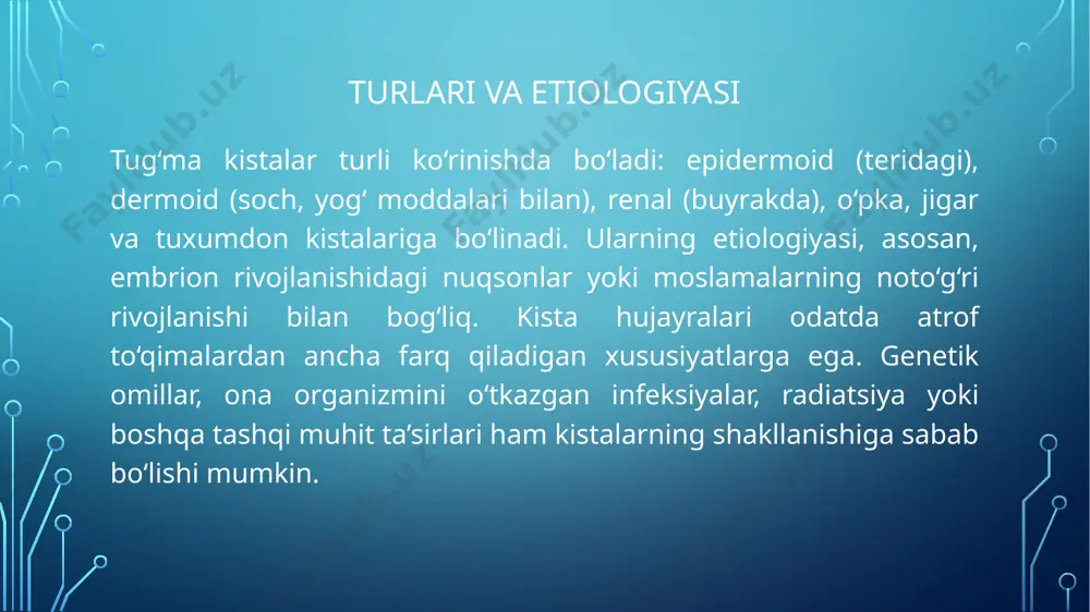 kichik yoshli bemorlarda kista aniqlansa, tezda jarrohlik yoki terapevtik choralar ko‘rilishi asoratlarning oldini oladi va bemorning hayot sifatini yaxshilaydi. xulosa tug‘ma kistalar inson organizmining har xil a’zolarida yuzaga keladigan, ko‘pincha rivojlanish nuqsonlari natijasida shakllanadigan patologik bo‘shliqlardir. ular aksariyat hollarda simptom bermasada, kattalashishi yoki asoratlanishi inson hayotiga jiddiy ta’sir ko‘rsatishi mumkin. to‘g‘ri va erta diagnostika, zamonaviy davolash usullarini qo‘llash orqali asoratlarni cheklash va bemor hayot sifatini yaxshilash mumkin. shu sababdan, homiladorlik davrida profilaktik chora-tadbirlar va tug‘ma kistalarni o‘z vaqtida aniqlashga alohida e’tibor qaratish zarur. e'tiboringiz uchun rahmat! image2.png /docprops/thumbnail.jpeg