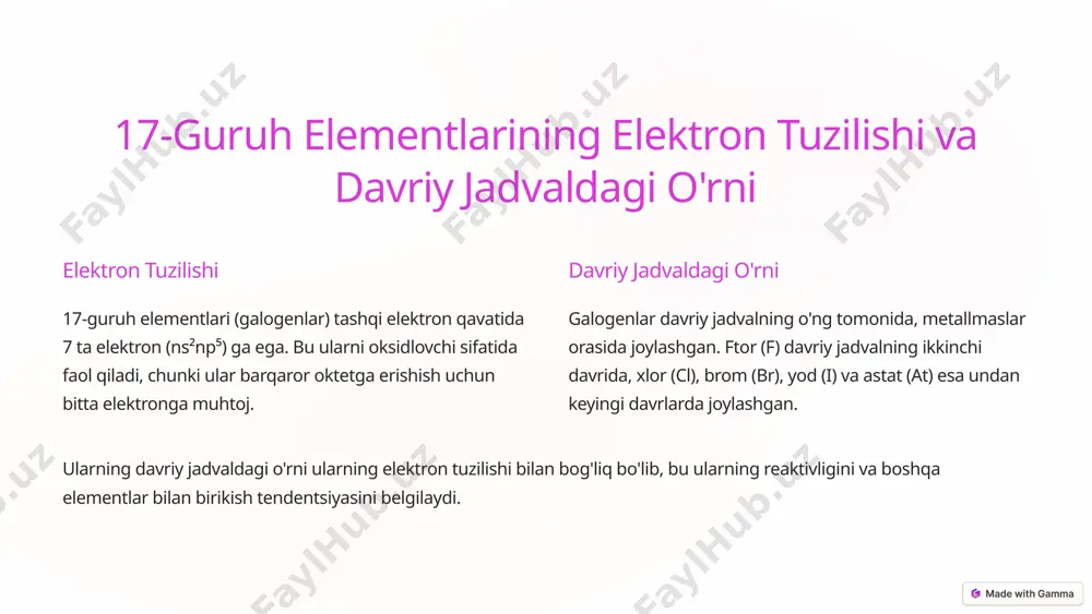 (masalan, cf₄) hosil qiladi. galogenlarning reaktivligi ularning elektronga bo'lgan yuqori moyilligi va ionlanish energiyasi bilan bog'liq. ftor eng reaktiv galogen hisoblanadi. 4 ftorning tabiatda uchrashi va ahamiyati 1 tabiatda uchrashi ftor tabiatda erkin holda uchramaydi, lekin flyuorit (caf₂) va kriolit (na₃alf₆) minerallari tarkibida keng tarqalgan. u yer qobig'ining taxminan 0,065% ni tashkil qiladi. 2 ahamiyati ftor tish pastasida tish emalini mustahkamlash uchun ishlatiladi. shuningdek, u yadroviy energetikada uranni boyitishda va ftororganik birikmalar ishlab chiqarishda qo'llaniladi. ftorning muhimligi uning yuqori reaktivligi va turli sohalarda qo'llanilishi bilan belgilanadi. ammo, ftor bilan ishlashda ehtiyot bo'lish kerak, chunki u zaharli. 5 xlorning tabiatda uchrashi va sanoatdagi qo'llanilishi tabiatda uchrashi xlor tabiatda asosan natriy xlorid (nacl) shaklida uchraydi, dengiz suvida va tosh tuz konlarida mavjud. shuningdek, karnallit (kcl·mgcl₂·6h₂o) mineralida ham uchraydi. sanoatdagi qo'llanilishi xlor polivinilxlorid (pvx) plastmassasini ishlab chiqarishda, ichimlik suvi va suzish havzalarini dezinfeksiya qilishda, oqartirish vositalarida va ko'plab kimyoviy moddalar sintezida ishlatiladi. xlorning …