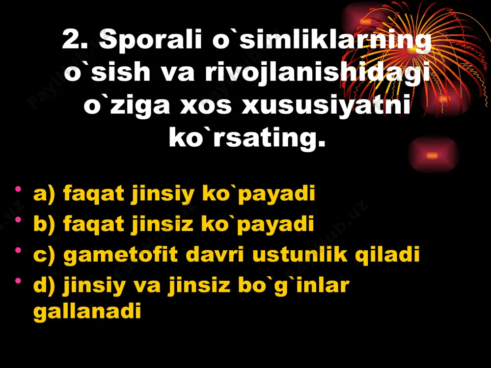 nsiy a’zolarini ko’p hujayralardan 24. anteridiy ba’zi o’simliklarning jinsiy ko’payish a’zosi bo’lib, unda…… a) tuxum hujayra hosil bo’ladi b) spermatozoid hujayra hosil bo’ladi c) markaziy hujayra hosil bo’ladi d) zoosporalar hosil bo’ladi 25. yo’sinlar qanday ko’payadi? a) rizoidlari yordamida b) jinssiz va vegetativ c) faqat sporasidan d) bo’ginlarning gallanishi bilan 26. yo’sin zigotasidan nima o’sib chiqadi? a) ko’p hujayrali yashil ip b) sporangiy c) yangi yo’sin d) o’simta (gametofit) 27. dala qirqbo’g’imi qanday o’simlik? a) bir yillik o’t b) ildiz poyali, ko’p yillik o’t c) ildizpoyali, bir yillik o’t d) rizoidli ko’p yllik o’t 28. dala qirqbo’g’imi qanday yo’l bilan ko’payadi? a) urug’i va bargi b) spora va ildizi c) ildizpoya va urug’ d) spora va ildizpoya 29. qaysi o’simliklarning ko’payishi jinsiy va jinssiz bo’g’inlarning gallanishi bilan amalga oshadi? 1. yo’sinlar 2.ochiq urg’lilar 3.qirqbo’g’imlar 4.tuban o’simliklar 5.qirqquloqlar 6.lishayniklar 7. yopiq urug’lilar a) 2.4.6 b) 4.6.7 c) 1.2.7 d) 1.3.5 30. …