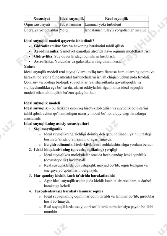 ashqi bosim ta’sirida o‘z hajmini o‘zgartirmaydi. · bu gidrodinamik hisob-kitoblarni soddalashtirishga yordam beradi. 2. ichki ishqalanishning (qovushqoqlikning) yo‘qligi · ideal suyuqlikda molekulalar orasida hech qanday ichki qarshilik (qovushqoqlik) bo‘lmaydi. · real suyuqliklarda qovushqoqlik mavjud bo‘lib, oqim tezligini va energiya yo‘qotishlarni belgilaydi. 3. har qanday kichik kuch ta’sirida harakatlanishi · agar ideal suyuqlik ustida juda kichik kuch ta’sir etsa ham, u darhol harakatga keladi. 4. turbulentsiyasiz harakat (laminar oqim) · ideal suyuqlikning oqimi har doim tartibli va laminar bo‘lib, girdoblar hosil bo‘lmaydi. · real suyuqliklarda esa yuqori tezliklarda turbulentsiya paydo bo‘lishi mumkin. ideal suyuqlik modeli qo‘llaniladigan asosiy qonunlar 1. continuity equation (davomiylik tenglamasi) s1v1=s2v2s_1 v_1 = s_2 v_2 · s – kesim yuzi, v – tezlik. · ushbu tenglama suyuqlikning siqilmaydiganligini ko‘rsatadi: trubaning tor joyida tezlik ortadi, keng joyida esa kamayadi. 2. bernulli tenglamasi p+12ρv2+ρgh=constp + \frac{1}{2} \rho v^2 + \rho g h = \text{const} · p – bosim, ρ – …