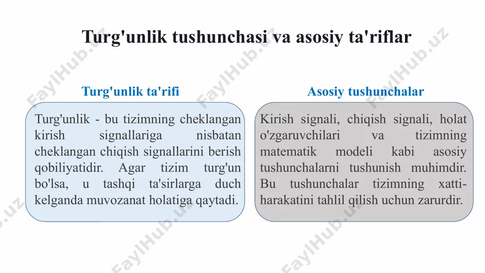 radiusli bo’lgan aylanani w - tekislikdagi mavhum o’qda aks ettiriladi. buni quyidagicha tushuntirish mumkin: eyler formulasi bo’yicha: (8.5)ning taxlilidan ko’rinadiki, da , da yoki da . boshqacha aytganda, tekislikdagi oraliq tekislikning yuqori yarim aylanasida va tekislikning mavhum o’qi aylanasi yuqori yarmida akslantiriladi. shunda tizimning tekislikdagi turg’unlik soxasi uning chap yarmida bo’ladi. (8.5) ifodasi tekislikdagi chastota bilan tekislikdagi psevdochastota o’rtasida bog’lanish hosil qiladi. agar o’zgaruvchi ning mavhum qismi bo’lsa, va shuni ta’kidlash kerakki, tekislikdagi kichik chastotalarda, bo’lganda, (8.6) ifodasi boshqacha ko’rinish oladi: bu quyidagi shartda to’g’ri bo’ladi: shunday qilib, (8.8) shart bajarilganda va chastotalarni bir – biriga mos deb hisoblash mumkin, katta chastotalarda esa, psevdochastotadan foydalanish kerak. raus-gurvis mezoni ikkichiziqli o’zgartirishni qo’llab, berk diskret tizim uchun xarakteristik tenglamani chiqarish kerak: keyin, uzluksiz tizimlardagi kabi algoritm bo’yicha raus jadvali tuziladi. agar shu jadvalning birinchi ustunidagi hamma elementlari bo’lganda, musbat bo’lsa, diskret tizim turg'un deb hisoblanadi. chiziqli diskret tizimlar tahlili 1 xarakterli tenglama …
