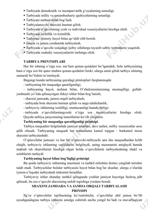 nashib bajarilishi zarur bo’lgan aniq bir vazifa sifatida namoyon bo’lishi; turli ko’rsatma sifatida namoyon bo’lishi, u yoki bu xarakatda rag’batlantiruvchi yoki uni to’xtatuvchi bo’lishi; oqilona xarakatlarga undovchi bo’lishi mumkin. o’z – o’zini tarbiyalash usullari o’quvchilarning o’zini – o’zi idora qilish organlari faoliyatida qatnashishlari, ularning ijtimoiy faollik mavqeyini shakllantirishning ta’sirchan vositasidir. o’quvchilar o’qishda, tarbiyada, dam olishda o’z – o’zini tarbiyalash usullaridan foydalanadilar, o’z – o’zini tarbiyalash tashabbuskorlik va mustaqillikka undaydi. o’z-o’zini taxlil qilish. o’z shaxsini, fazilatlarini taxlil qilishga, xatti – xarakatlari xaqida o’ylashga o’rgatadi. o’z – o’zini nazorat qilish uchun o’quvchi o’zining yurish – turishi, intizomi, ijobiy odatlarining ortib borishi va, aksincha, salbiy odatlarining kamayib borishi xaqida muntazam ravishda kundaligiga yozib boradi. o’z-o’zini baxolash. o’quvchining qobiliyatini o’z kuchi bilan yuzaga chiqishiga yordamlashish zarur. o’z – o’zini baxolash qiyin, lekin o’quvchini bunga yetarli tayyorlash mumkin. o’z – o’zini baxolash o’quvchi uchun o’zining imkoniyatlarini xisob – kitob qilish, baxolash, o’ziga chetdan turib xolisona …