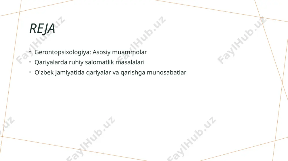 da qarish jarayoniga nisbatan turli qarashlar mavjud. katta yoshdagilarni hurmat qilish an'anasi, ularning ruhiy holatiga ijobiy ta'sir ko'rsatadi. 04 ijtimoiy qo'llab-quvvatlash qarilar uchun ijtimoiy qo'llab-quvvatlash, ya'ni oilaviy va jamiyatdan yordam, ruhiy salomatlikni yaxshilashda muhim rol o'ynaydi, xavfsizlik hissini oshiradi. qariyalarda ruhiy salomatlik: asosiy muammolar va ularning sabablari. 01 ruhiy kasalliklar qariyalarda ruhiy kasalliklar, masalan, depressiya va altsgeymer, keng tarqalgan. bu muammolar, uyqu buzilishi va ijtimoiy izolyatsiya tufayli kuchayadi. 02 ijtimoiy omillar o'zbek jamiyatida qariyalar ko'pincha ijtimoiy izolyatsiyaga duchor bo'ladi. bu, o'z navbatida, ruhiy salomatlikni yomonlashtiradi va depressiya xavfini oshiradi. 03 madaniy qarashlar o'zbek madaniyatida qarilikka nisbatan salbiy qarashlar mavjud. bu, qariyalarni ruhiy muammolar bilan yanada og'irlashtiradi, ularning o'z-o'zini qadrlashini pasaytiradi. ruhiy kasalliklar: qariyalar orasida tarqalishi va davolash usullari. 1 ruhiy kasalliklar tarqalishi qariyalar orasida ruhiy kasalliklar, masalan, depressiya va demensiya, keng tarqalgan. o'zbekistonda 60 yoshdan oshganlar orasida 15% dan ortiq bu kasalliklar bilan kurashmoqda. 2 o'zbekiston sharoitida o'zbekistonda qariyalar orasida …