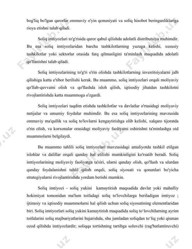lmasligini ta'minlash maqsadida adolatli qo'llanishni talab qiladi. soliq imtiyozlarining to'g'ri o'rin olishda tashkilotlarning investitsiyalarni jalb qilishiga katta e'tibor berilishi kerak. bu muammo, soliq imtiyozlari orqali moliyaviy qo'llab-quvvatni olish va qo'llashda isloh qilish, iqtisodiy jihatdan tashkilotni rivojlantirishda katta muammoga o'zgardi. soliq imtiyozlari taqdim etishda tashkilotlar va davlatlar o'rtasidagi moliyaviy natijalar va umumiy foydalar muhimdir. bu esa soliq imtiyozlarining mavzusida ommaviy ma'qullik va soliq to'lovlarni kengaytirishga olib kelishi, xalqaro tijoratda o'rin olish, va korxonalar orasidagi moliyaviy faoliyatni oshirishni ta'minlashga oid muammolarni belgilaydi. bu muammo tahlili soliq imtiyozlari mavzusidagi amaliyotda tashkil etilgan islohlar va dalillar orqali qanday hal etilishi mumkinligini ko'rsatib beradi. soliq imtiyozlarining moliyaviy faoliyatga ta'siri, ularni qanday olish, qo'llash va ulardan qanday foydalanishni tahlil qilish orqali, soliq siyosati va qonunlari bo'yicha strategiyalarni rivojlantirishda yordam berishi mumkin. soliq imtiyozi - soliq yukini kamaytirish maqsadida davlat yoki mahalliy hokimiyat tomonidan ma'lum toifadagi soliq to'lovchilarga beriladigan imtiyoz ; ijtimoiy va iqtisodiy muammolarni hal qilish …
