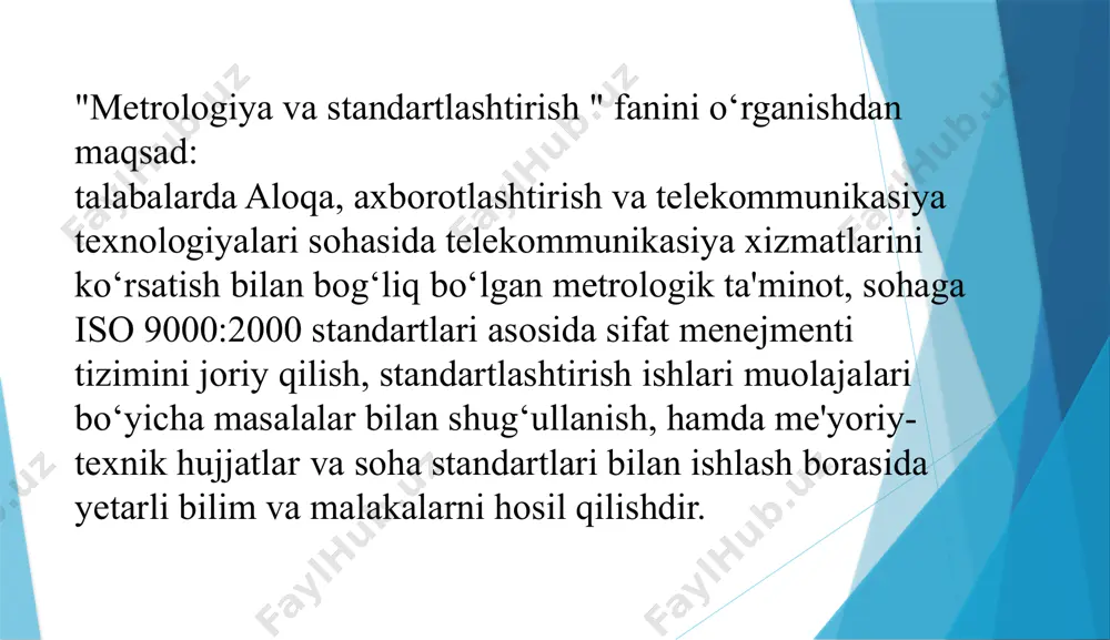 aqat alohidagina emas, balki turli birikmalarda turli o‘lchamli qator bir nomli kattaliklarni qayta o‘lchash maqsadida qo‘llaniladigan o‘lchovlar majmuiga aytiladi birlik etaloni – fizik kattalikning o‘lchamini boshqa o‘lchash vositasiga berish maqsadida fizik kattalik birligining o‘lchamini qayta tiklash va saqlash uchun mo‘ljallangan o‘lchashlar vositasi. davlat etaloni – o‘zbekiston respublikasi hududida kattalik birligining o‘lchamini o‘rnatish uchun milliy idora vakilining qarori bilan boshlang‘ich ztalon sifatida tan olingan etalon. o‘lchash o‘zgartkichi - o‘lchashga doir axborotni uzatish, o‘zgartirish, ishlov berish va saqlash uchun qulay bo‘lgan, ammo kuzatuvchi bevosita idrok qilishi mumkin bo‘lmaydigan shakldagi signalni ishlab chiqish uchun xizmat qiladigan o‘lchash vositasidir. namuna o‘lchash vositalari ishchi o‘lchash asboblarini tekshirish va ularni o‘zlari bo‘yicha darajalashga xizmat qiladi. etalonlar deb, fan va texnikaning eng yuksak saviyasida aniqlik bilan ishlangan namunaviy o‘lchovlarga aytiladi. o‘lchov birligi o‘lchash natijasi ko‘rsatilgan birlikda ifodalangan va o‘lchash xatoligi berilgan ehtimollikda ma'lum bo‘lgan o‘lchash holatidir. o‘lchash aniqligi – bu o‘lchash natijalarini va o‘lchanayotgan kattalik haqiqiy qiymatining …