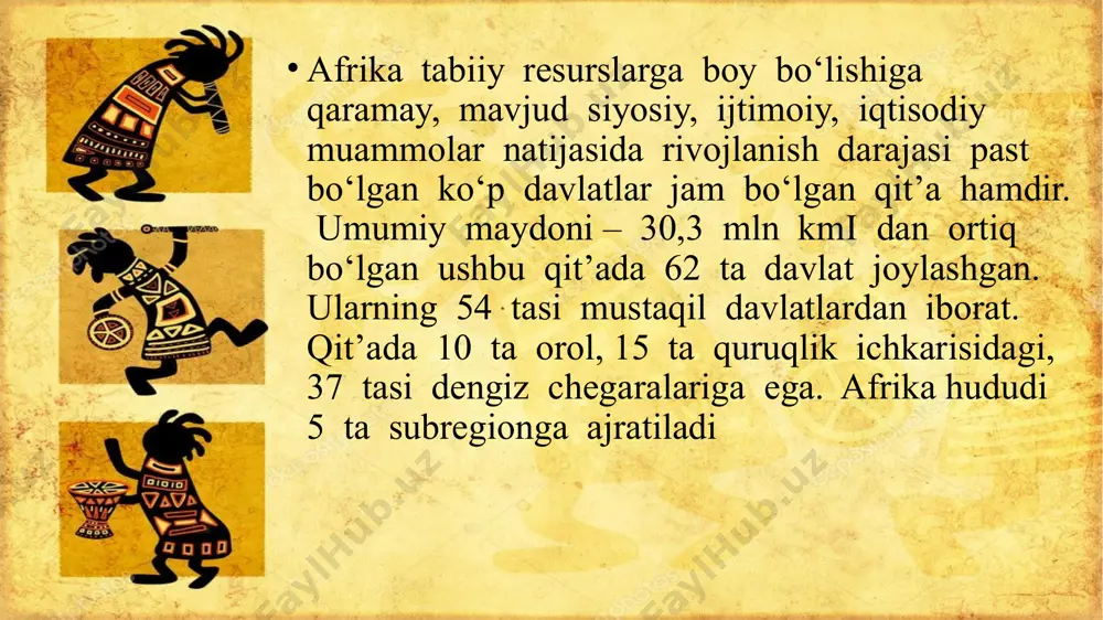 ida qishloq xo‘jaligi muhim o‘rin tutadi. aholisi etnik jihatdan rang-barangligi bilan ajralib turadi. shu bilan birga jar aholisi milliy tarkibida yevropaliklarning salmog‘i ham yuqori. afrika katta miqdorda tabiiy, ijtimoiy, iqtisodiy resurs imkoniyatlariga ega. lekin, mintaqa davlatlarining ijtimoiy-iqtisodiy rivojlanish darajasi pastligi, aholisining milliy va diniy tarkibidagi o‘ziga xosliklar, uning turmush hamda savodxonlik darajasining past ko‘rsatkichlari, siyosiy mustaqillikka erishish davrida etnik xususiyatlar e’tiborga olinmagan holda milliy chegaralanishning amalga oshirilganligi kabi holatlar ko‘plab geosiyosiy muammolarning kelib chiqishiga sabab bo‘lmoq da. mavjud tabiiy resurslardan oqilona foydalanmaslik esa ekologik muammolarning (masalan, cho‘llashish muammosi) yuzaga kelishiga sabab bo‘lgan. image1.jpg image2.jpg image3.jpg image4.jpg image5.jpg image6.gif image7.jpg image8.png image9.jpg image10.jpg image11.jpg image12.jpg image13.jpg image14.jpg image15.jpg image16.jpg image17.jpg image18.jpg image19.jpg image20.jpg image21.jpg image22.jpg image23.jpg image24.jpg grunge background with african traditional patterns /docprops/thumbnail.jpeg