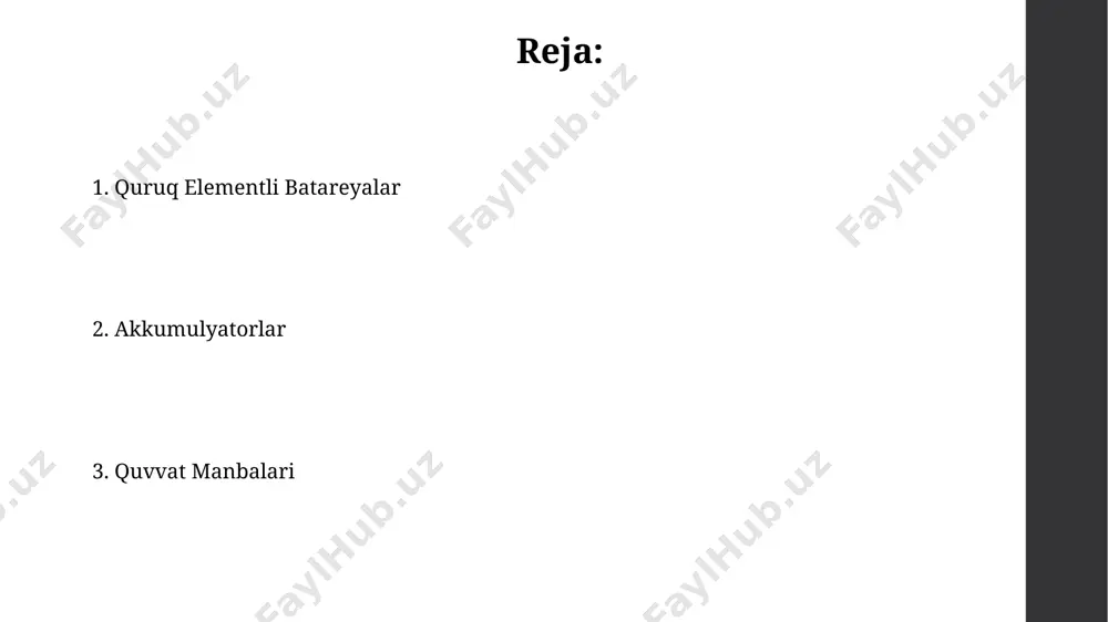 n 1000 ma⋅h sig'imga ega quruq elementli batareyalar ko'plab uy-ro'zg'or buyumlarida, masalan, soatlarda, kalkulyatorlarda va radio qabul qilgichlarda ishlatiladi. quvvat manbalarining kelajagi 2030-yilga kelib, qattiq elektrolitli batareyalar keng qo'llanila boshlanib, xavfsizlikni oshiradi va quvvat zaxirasini 2-3 barobarga ko'paytiradi. quyosh va shamol energiyasi kabi qayta tiklanadigan manbalarni samarali saqlash uchun 100 kvt/soatdan ortiq sig'imga ega gigant akkumulyatorlarning rivojlanishi kutilmoqda. batareya turlari va ularning xususiyatlari qayta zaryadlanuvchi nikel-kadmiy (nicd) batareyalar 1,2 v kuchlanish hosil qiladi va taxminan 500-1000 marta zaryadlash-razryadlash tsikllarini bajara oladi, lekin xotira effektiga moyil. qoʻrgʻoshin-kislota batareyalar 2 v kuchlanish hosil qiladi va avtomobillar, ups tizimlari kabi qurilmalarda qoʻllaniladi, ularning xizmat muddati taxminan 3-5 yilni tashkil etadi va nisbatan katta oʻlchamlarga ega. e'tiboringiz uchun rahmat @taqdimot_robot image1.jpg image2.jpg image3.jpg image4.jpg image5.jpg image6.jpg image7.jpg