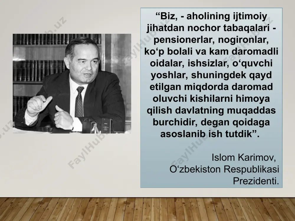 batan 2,6 barobarga o‘sdi. milliy valyuta joriy etilgach, islohotlar birinchi bosqichining oxirlariga kelib (1995-yil), oziq-ovqat mahsulotlarini meyorlangan tarzda sotishdan butunlay voz kechish va erkin narxlarga o‘tish imkoniyati tugildi. 120403 nafar o‘qituvchining davlat va tashkilotlar tomonidan berilgan uylari bepul xususiylashtirildi, 35841 kishiga shaxsiy qurilish uchun yer uchastkasi berildi, 489256 nafar o‘qituvchi imtiyozli kommunal xizmatdan foydalandilar, 83353 nafar o‘qituvchi shahar transportidan bepul foydalandi. yolg‘iz pensionerlarni turar-joy va kommunal xizmatlar uchun haq to‘lashdan ozod etish to‘g‘risida qaror qabul qilindi. ular dori-darmonlar va eng zarur mollarni belgilangan meyorda bepul olish va jamoat transportida tekin yurish huquqidan foydalanadilar. ularga madad berish uchun respublikada maxsus ijtimoiy yordam bo‘limlari tuzildi. bu bo‘limlar yolg‘iz pensionerlar va nogironlarning uyida ijtimoiy-maishiy xizmat ko‘rsatishni uyushtirmoqda. 1994-yilga kelib o‘zbekistonda aholini ijtimoiy himoyalash tizimi tubdan o‘zgartirildi, ijtimoiy ko‘mak berishning mutlaqo yangi ilg‘or tizimi shakllantirildi. bu tizimning mohiyati shundan iboratki, mamlakatimizning kelajagi hisoblanmish bolalar va kam daromadli oilalar bu yordamdan bahramand bo‘luvchi asosiy kishilar …
