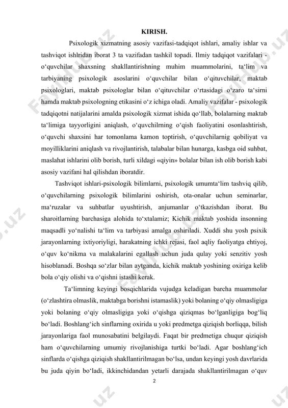 rat. bu sharoitlarning barchasiga alohida to‘xtalamiz; kichik maktab yoshida insonning maqsadli yo‘nalishi ta‘lim va tarbiyasi amalga oshiriladi. xuddi shu yosh psixik jarayonlarning ixtiyoriyligi, harakatning ichki rejasi, faol aqliy faoliyatga ehtiyoj, o‘quv ko‘nikma va malakalarini egallash uchun juda qulay yoki senzitiv yosh hisoblanadi. boshqa so‘zlar bilan aytganda, kichik maktab yoshining oxiriga kelib bola o‘qiy olishi va o‘qishni istashi kerak. ta‘limning keyingi bosqichlarida vujudga keladigan barcha muammolar (o‘zlashtira olmaslik, maktabga borishni istamaslik) yoki bolaning o‘qiy olmasligiga yoki bolaning o‘qiy olmasligiga yoki o‘qishga qiziqmas bo‘lganligiga bog‘liq bo‘ladi. boshlang‘ich sinflarning oxirida u yoki predmetga qiziqish borliqqa, bilish jarayonlariga faol munosabatini belgilaydi. faqat bir predmetiga chuqur qiziqish ham o‘quvchilarning umumiy rivojlanishiga turtki bo‘ladi. agar boshlang‘ich sinflarda o‘qishga qiziqish shakllantirilmagan bo‘lsa, undan keyingi yosh davrlarida bu juda qiyin bo‘ladi, ikkinchidandan yetarli darajada shakllantirilmagan o‘quv faoliyati o‘smirlik davrida yangi tuzilmalarning paydo bo‘lishiga to‘siq bo‘ladi.maxsus o‘tkazilgan tadqiqotlardan ma‘lum bo‘lishicha, boshlang‘ich sinf o‘quvchilaridan yorqin individual farqlarni ko‘rish mumkin. bu …