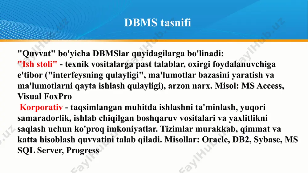 i mahalliy tarmoq yuki; markazlashtirilgan boshqaruvning qiyinligi yoki mumkin emasligi; yuqori ishonchlilik, yuqori mavjudlik va yuqori xavfsizlik kabi muhim xususiyatlarni taqdim etishning qiyinligi yoki mumkin emasligi. ular ko'pincha ma'lumotlar bazasini boshqarish funktsiyalaridan foydalanadigan mahalliy ilovalarda qo'llaniladi; ma'lumotlarni qayta ishlashning past intensivligi va ma'lumotlar bazasida past yuklamalar bo'lgan tizimlarda. hozirgi vaqtda fayl-server texnologiyasi eskirgan deb hisoblanadi va undan yirik axborot tizimlarida foydalanish kamchilik sifatida qaraladi. dbms tasnifi mijoz-server dbms ma'lumotlar bazasi bilan birga serverda joylashgan bo'lib, ma'lumotlar bazasiga bevosita, eksklyuziv rejimda kirishni ta'minlaydi. mijozlarning ma'lumotlarni qayta ishlash bo'yicha barcha so'rovlari mijoz-server dbms tomonidan markaziy tarzda qayta ishlanadi. mijoz-server dbms ning kamchiliklari serverga talablarning ortishidir. afzalliklari: potentsial ravishda mahalliy tarmoq yukini kamaytirish; markazlashtirilgan boshqaruvning qulayligi; yuqori ishonchlilik, yuqori mavjudlik va yuqori xavfsizlik kabi muhim xususiyatlarni taqdim etish qulayligi. dbms tasnifi taqdim etilgan ma'lumotlarning shakliga ko'ra faktik, hujjatli va multimedia ma'lumotlar bazalari ajratiladi. mavzu sohasida foydalanuvchini qiziqtirgan ob'ektlar haqidagi ma'lumotlarni "faktlar" (faktlar - …