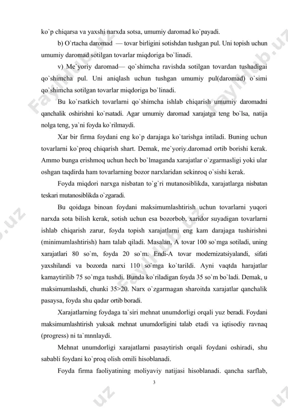 oyda shu qadar ortib boradi. хarajatlarning foydaga ta`siri mehnat unumdorligi orqali yuz beradi. foydani maksimumlashtirish yuksak mehnat unumdorligini talab etadi va iqtisodiy ravnaq (progress) ni ta`mnnlaydi. mehnat unumdorligi xarajatlarni pasaytirish orqali foydani oshiradi, shu sababli foydani ko`proq olish omili hisoblanadi. foyda firma faoliyatining moliyaviy natijasi hisoblanadi. qancha sarflab, qancha foyda ko`rilgani firma ishining samarasini belgilaydi. shu boisdan iqtisodiyotda foydalilik yoki rentabellik deb ataladigan ko`rsatkich qo`llaniladi. uni aniqlash uchun olingan foyda qilingan xarajatlar bilan taqqoslanadi va xarajatlar birligiga qancha foyda to`g`ri kelishi ma`lum bo`ladi. ishlab chiqarish rentabelligi va mahsulot rentabelligi mavjud. ishlab chiqarish rengabelligi uning naqadar foyda bsrishini ko`rsatadi. foydalilik (rentabellik) darajasi foyda normasi bo`lib; ikki usulda aniqlanishi mumkin. birinchi usulda foyda miqdori ishlab chiqarishga qo`yilgan kapitalga bo`linadi va foizlarda ifodalanadi. masalan, firma 100 million so`m kapital quyib, 16 million so`m foyda ko`rsa rentabellik quyidagicha 16 foizga teng bo`ladi. bu olingan foyda firma sarflagan kapitalini necha foiziga teng degan ma`noni bildiradi. …