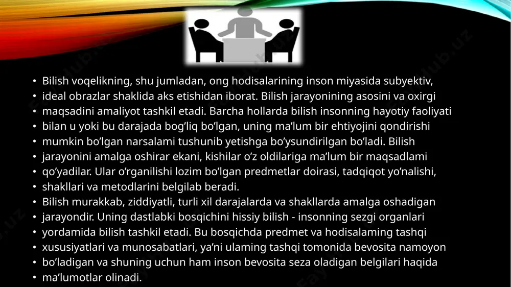 ntiqiy strukturasini a (a, v, s,..., n) shaklida simvolik tarzda ifodalash mumkin. hukmlarda predmet bilan uning xossasi, predmetlar o’rtasidagi munosabatlar, predmetning mavjud bo’lish yoki bo’lmaslik fag’ti haqidagi fikrlar tasdiq yoki inkor shaklda ifoda etiladi. masalan «temir-metall» degan hukmda predmet (temir) bilan uning xossasi (metall eganiligi) o’rtasidagi munosabat qayd etilgan. «axloq huquqdan ilgari pay do bo’lgan» degan hukmda ikkita predmet (axloq va huquq) o’rtasidagi munosabat qayd etilgan mazmun jixatdan turli xil bo’lgan bu hukmlar tuzilishiga ko’ra bir xildir: ularda predmet haqidagi tushuncha (s) bilan predmet belgisi haqidagi tushuncha (p) o’rtasidagi munosabat qayd etilgan, ya’ni r ning sga xosligi tasdiqlangan. umumiy xolda hukmning mantiqiy strugturasini (shag’lini) s-r formulasi yordamida ifoda etish mumkin. xulosa chiqarishda ham yuqoridagiga o’xshash hollarni ko’zatish mumkin. masalan, daraxt - o’simlik terak- daraxt terak - o’simlik va har bir ximyaviy element o’z atom og’irligiga ega mis - ximiyaviy element mis o’z atom og’irligiga ega xulosa chiqarish ko’rinishlari mazmuni bo’yicha …