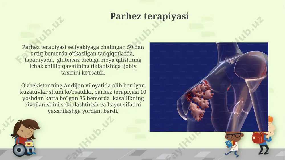 uzatiladi. glutenning ta'siri глютеннинг таъсири оқибатида ичаклардаги ферментлар фаолияти 50% гача камаяди, бу эса озуқа моддаларнинг, хусусан, темир ва кальцийнинг сўрилишини бузади ва бундай ҳолат дунё бўйлаб 100 дан ортиқ мамлакатларда кузатилади. селиак касаллигида ичакнинг 20-40% майдони шикастланиши, натижада глютен парчаланиш маҳсулотларининг сўрилиши 80% гача пасаяди ва бундай ҳолат кўпинча европа ва шимолий америкада учрайди. seliakiyaning patogenezi gliadin peptidlari to'qima transglutaminaza (ttg) fermenti bilan reaksiyaga kirishib, deamidatsiyaga uchraydi va bu t-hujayralarni faollashtiradigan autoantijenlar hosil bo'lishiga olib keladi. bu jarayon asosan ingichka ichakda, 12 barmoqli ichakda kuzatiladi. селиакияда йирик молекулали глютен пептидларининг ingestiondan keyin 3-4 soat ichida ingichka ichakning shikastlangan epiteliysini o'tishi yallig'lanishni va immunitet reaktsiyasini qo'zg'atadi. seliakiya kasalligi haqida umumiy ma'lumot seliakiya kasalligi dunyo bo'ylab taxminan 1% aholiga ta'sir ko'rsatadi, ya'ni 100 kishidan 1 nafari bu kasallikka chalinishi mumkin, bu esa millionlab odamlarni qamrab oladi. kasallikning asosiy sababi – bu organizmning gliten oqsiliga, bug'doy, arpa va javdar kabi don mahsulotlarida …