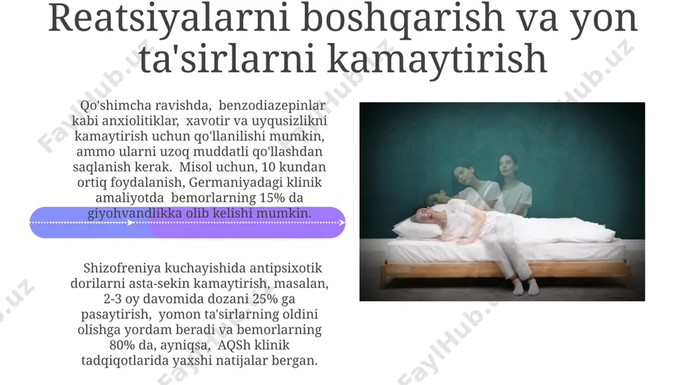 бемор ва уларнинг оилалари билан ўтказилган таълим дастурлари натижасида касалликнинг янада кучайишининг олдини олишда 85% гача самара кузатилди, бу эса касалхонага ётқизиш ҳолатларини 30% га камайтирди. беморлар ва оила аъзолари учун 10 сессияли махсус дастур, психотерапия ва стресс менежментига оид 3 та асосий техникани ўргатиш орқали 2022 йилда тошкент шаҳрида самарадорлик кўрсаткичларини 2 бараварга оширишга эришилди. psixoterapiya: kognitiv-xulq terapiyasi va boshqalar o'zbekistonda psixoterapiyaning turli usullari, shu jumladan, individual va guruhli psixoterapiya, shizofreniya exacerbatsiyasini boshqarishda qo'llaniladi, ularning samaradorligi turli xil omillarga bog'liq. ijtimoiy kognitsion terapiya, kxtning bir turi, 20 dan ortiq sessiya davomida ijtimoiy ko'nikmalarni yaxshilash va salbiy fikrlash uslublarini o'zgartirishga qaratilgan bo'lib, 30% ga yaqin samaradorlik ko'rsatkichini namoyon qiladi. e'tiboringiz uchun rahmat @taqdimot_robot image4.jpg image5.jpg image6.jpg image7.jpg image8.jpg image9.jpg image10.jpg image11.jpg image12.jpg image13.jpg image14.jpg image15.jpg image16.jpg image17.jpg image1.jpeg image2.jpeg image3.jpeg