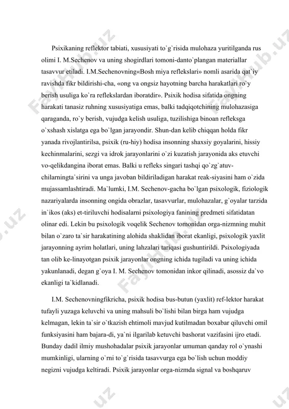 a kelmagan, lekin ta`sir o`tkazish ehtimoli mavjud kutilmadan boxabar qiluvchi omil funksiyasini ham bajara-di, ya`ni ilgarilab ketuvchi bashorat vazifasini ijro etadi. bunday dadil ilmiy mushohadalar psixik jarayonlar umuman qanday rol o`ynashi mumkinligi, ularning o`rni to`g`risida tasavvurga ega bo`lish uchun moddiy negizni vujudga keltiradi. psixik jarayonlar orga-nizmda signal va boshqaruv (regulyativ) funksiyasini ijro etib, o`zgaruvchan shart-sharoitlarga harakatni moslashtiradi, shuningdek, maz-kur daqiqada yuqori samaraga erishishni ta`minlaydi. psixik ja-rayon miyaning bo`lmalari (tarkibiy qismlari) funksiyasi tariqasi-da tashqi olam (borliq) to`g`risidagi axborotning qabul qilinishi, saqlanishi, qayta ishlanishini o`zida mujassamlashtiruvchi javob faoliyatining idora qiluvchisi hisoblanadi. shuning uchun odamlarning bilimlari borliqto`g`risidagi tasavvurlari, shaxsning shaxsiy tajribalarining yig`indisi (majmuasi) reflektor harakat tarkibiga kiradi. shunday qilib, psixikhodisalardeganda miyaningtashqi (qurshab turgan olam) va ichki (fiziologik tizimdagi organizmning holati) ta`sirlarga javobini tushunmoq kerak. boshqacha so`z bilan aytganda, psixik hodisalar: birinchidan, bu faoliyatning favqulod-data`sir etayotgan (sezgirlar, idrok), ikkinchidan, o`tmish tajribada (xotira) aks etgan qo`zg`atuvchiga javob tarzida ro`yobga chiqadigan, mazkur ta`sirni umumlashtiradigan, uchinchidan, pirovard …