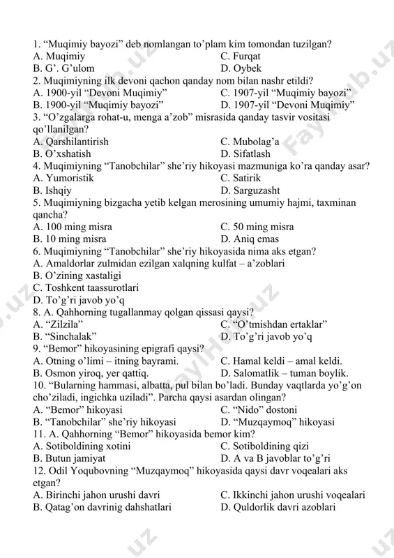 y hikoyasida nima aks etgan? a. amaldorlar zulmidan ezilgan xalqning kulfat – a’zoblari b. o’zining xastaligi c. toshkent taassurotlari d. to’g’ri javob yo’q 8. a. qahhorning tugallanmay qolgan qissasi qaysi? a. “zilzila” c. “o’tmishdan ertaklar” b. “sinchalak” d. to’g’ri javob yo’q 9. “bemor” hikoyasining epigrafi qaysi? a. otning o’limi – itning bayrami. c. hamal keldi – amal keldi. b. osmon yiroq, yer qattiq. d. salomatlik – tuman boylik. 10. “bularning hammasi, albatta, pul bilan bo’ladi. bunday vaqtlarda yo’g’on cho’ziladi, ingichka uziladi”. parcha qaysi asardan olingan? a. “bemor” hikoyasi c. “nido” dostoni b. “tanobchilar” she’riy hikoyasi d. “muzqaymoq” hikoyasi 11. a. qahhorning “bemor” hikoyasida bemor kim? a. sotiboldining xotini c. sotiboldining qizi b. butun jamiyat d. a va b javoblar to’g’ri 12. odil yoqubovning “muzqaymoq” hikoyasida qaysi davr voqealari aks etgan? a. birinchi jahon urushi davri c. ikkinchi jahon urushi voqealari b. qatag’on davrinig dahshatlari d. quldorlik davri azoblari 13. otalar …