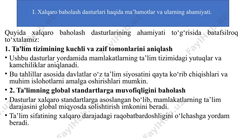 o'tkazilish tartibi quyidagicha: tayyorlov bosqichi: o'tkazuvchi mamlakatlar pisa baholashiga tayyorgarlik ko'radilar. bu jarayonda o'quvchilarning ro'yxatini tuzish, baholash materiallari va metodologiyasini tayyorlash, hamda baholovchilarni tayyorlash ishlari amalga oshiriladi. testning o'tkazilishi: pisa baholashining asosiy qismini testlar tashkil etadi. testlar matematikadan, o'qish savodxonligidan va fanlardan bo'ladi. har bir fan bo'yicha 2 soatlik testlar o'tkaziladi, shuningdek, o'quvchilarga savollarni baholashda tanlab olish va real hayotdagi vaziyatlarni tahlil qilishni o'z ichiga olgan so'rovlar taqdim etiladi. testlar odatda o'quvchilarni biror bir ko'p yillik bilimga asoslanmagan, balki muayyan ko'nikmalarga (kritik fikrlash, muammoni hal qilish) o'rgatishga qaratilgan. ii. pisa (xalqaro talabalarni baholash dasturi) haqida ma’lumotlar. 3. testning o'qituvchilar va maktablar bilan hamkorligi: o'qituvchilar va maktab rahbarlari ham testlarga tayyorgarlik ko'rishda va o'quvchilarga kerakli qo'llab-quvvatlashni taqdim etishda ishtirok etadilar. pisa dasturi o'qituvchilarni va maktab rahbarlarini baholashda, hamda o'quvchilarni o'qish, matematik va fan bo'yicha baholashda doimiy ravishda qayta o'qitib boradi. 4. natijalarni tahlil qilish: testlar yakunlangach, yig'ilgan ma'lumotlar tahlil qilinadi. natijalar …