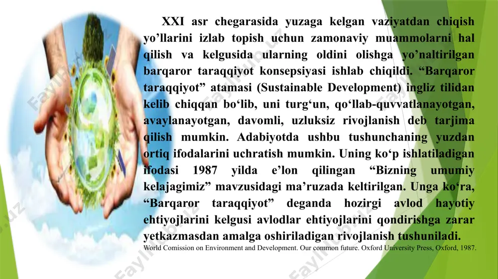 yasi – neft, gaz, kо‘mirdan foydalanish hisobiga har yili yalpi ichki mahsulotning kamida 4,5 foizini yо‘qotmoqda. qolaversa, mamlakatdagi energiya ishlab chiqaruvchi quvvatlarning salkam yarmi eskirgan. ularni tiklash yoki modernizatsiyalash katta mablag‘ni talab qiladi. buning о‘rniga ham iqtisodiy, ham ekologik jihatdan samarali hisoblangan “yashil energetika”ga о‘tish ming chandon afzal. axir, butun dunyo shu yо‘lni tanlayapti. e’tiborlisi, о‘zbekiston markaziy osiyo davlatlaridan birinchi bо‘lib mazkur harakatga qо‘shildi. mohiyatan olib qaraganda, qabul qilingan “yashil iqtisodiyot”ga о‘tish strategiyasi” yurtimizning “yashil taraqqiyot” sari yuz burganini anglatadi. “yashil iqtisodiyot” konsepsiyasi resurslarni tejashga yо‘naltirilgan iqtisodiyot; ekologik iqtisodiyot; atrof-muhit iqtisodiyoti; yashil siyosat; xalqaro iqtisodiy munosabatlar nazariyasi; iqtisodiyotni modernizatsiyalash; innovatsion iqtisodiyot kabi iqtisodiy fanlarning ilmiy g‘oyalari asosida shakllangan. о‘zbekiston bmtning barqaror taraqqiyot maqsadlari hamda iqlim bо‘yicha parij bitimiga ham qо‘shilgan. har ikkala hujjat milliy hukumatlar zimmasiga “yashil taraqqiyot” talablarini bajarish majburiyatini yuklaydi. birlashgan millatlar tashkiloti bosh assambleyasining 2015-yil sentabr oyida bmtning barqaror rivojlanish sammitida qabul qilingan 70-sonli rezolyutsiyasiga muvofiq, shuningdek, …