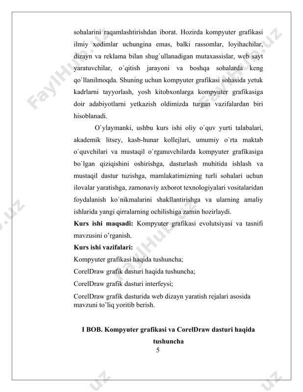 sillaskop va sohaning eng mukammal bashoratchilaridan bo’lgan xarbiy boshqaruv paneliga imkoniyat yaratib berdi, zero ular dasturchi yoki foydalanuvchi uzatkichiga javoban birinchi 2 o’lchamli elektronik displey bilan ta’minlangan edi. shunga qaramay, kompyuter grafikasi kuchli nazorat davrida bo’lgan 1950-yillarga qadar e’tibordan chetda qolib ketdi. ikkinchi jahon urushi davrining notinch vaziyati tufayli universitet va laboratoriyalar birlashmasidan iborat bo’lgan tadqiqotchilar jamoasiga yanada rivojlangan kompyuterlar ustida tadqiqotlar o’tkazishga talab va nazorat kuchaytirildi hamda shu tufayli aqsh armiyasi radar, rivojlangan aviatsiya va raketa kabi so’nggi takomillashgan texnologiyalar bilan urush davomida ta’minlandi. natijada bunday turdagi yangi proyektlar ulkan hajmdagi ma’lumot ishlab chiqarishga zarurat kelitib chiqardi va bu kompyuter grafikasi taraqqiyotiga yo’l ochib berdi. 1.2 coreldraw grafik dasturi haqida tushuncha coreldraw, grafik dizayni, illustratsiya va veb grafiklari yaratish uchun keng imkoniyatlarga ega bo'lgan dasturdir. bu dastur, shaxsiy foydalanuvchilar, dizaynerlar va professional grafikchi jamlariga mo'ljallangan. quyidagi muhim xususiyatlar coreldraw dasturini ta'riflaydi: 1. vektor grafika: coreldraw vektor grafikasini qo'llash uchun …