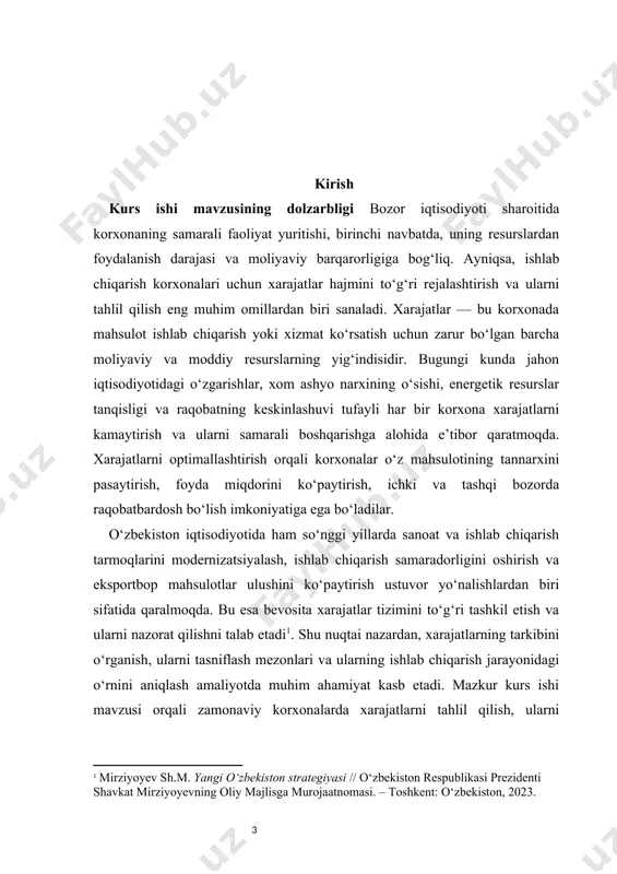 kidlaydi. rus iqtisodiy adabiyotlarida esa i.t. balabanov, g.b. polyak kabi olimlar korxona xarajatlarini moliyaviy tahlil qilish va ularni boshqarish usullari bo‘yicha nazariy va amaliy qo‘llanmalarni ishlab chiqqan. o‘zbekistonlik olimlar — x. xojiyev, sh. xolboev, n. yusupovlarning ishlarida esa mahalliy sharoitda xarajatlar tuzilmasi, ularning samaradorlikka ta’siri va korxonalarda ularni rejalashtirish masalalari keng yoritilgan. shu bilan birga, mamlakatimizda olib borilayotgan iqtisodiy islohotlar, texnologik yangilanishlar va innovatsion rivojlanish talablarining o‘zgarib borishi xarajatlar tizimiga nisbatan yondashuvlarni doimiy yangilab borishni taqozo etmoqda. kurs ishi mavzusining nazariy va amaliy ahamiyati mazkur kurs ishining nazariy ahamiyati shundaki, u korxona iqtisodiyoti fanida xarajat tushunchasining mohiyatini chuqurroq anglash, ularning tasnifi, strukturasi va ishlab chiqarish jarayonidagi rolini ilmiy asosda ochib berishga xizmat qiladi. mavzuda mavjud iqtisodiy nazariyalar tahlil qilinib, klassik, neoklassik va zamonaviy iqtisodiy maktablar yondashuvlari o‘rtasidagi farqlar ko‘rsatib o‘tiladi. shuningdek, xarajatlarni boshqarish, rejalashtirish va ularni kamaytirish mexanizmlarining nazariy asoslari bayon etilib, bu boradagi ilmiy qarashlar tizimli yoritiladi. bu esa …