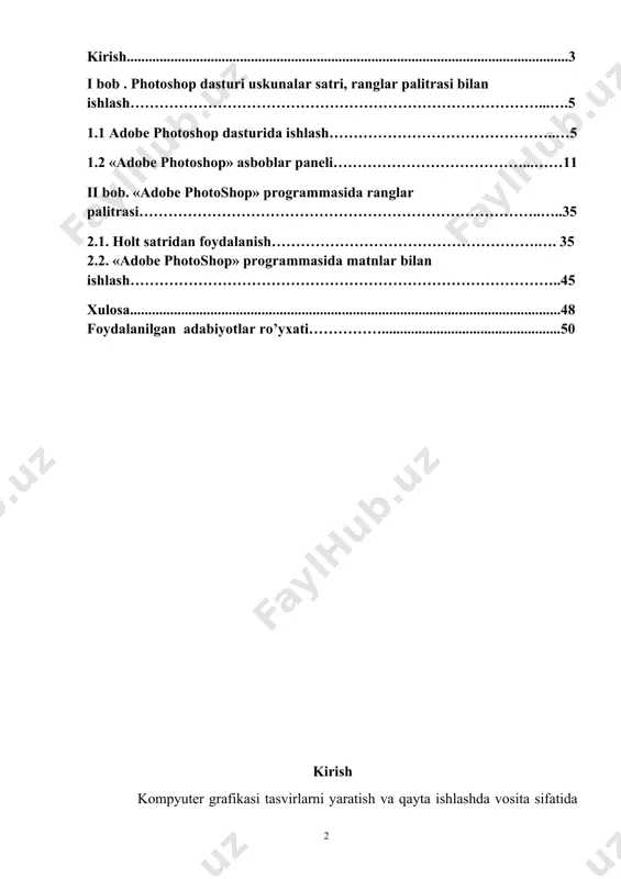 odellarini qo‘llash imkoniyatini beradi. ushbu xususiyatlarni qo‘llash uchun dastur o‘zining psd va psb fayl formatlarini ishlatadi. rastrli grafikadan tashqari dastur vektorli grafika va 3d grafikalar bilan ishlash uchun cheklangan imkoniyatlari mavjud. photoshop dasturi tasvirlarni piksellar to‘plami sifatida yaratadi. photoshop dasturining mo‘yqalam, aerograf, pero va qalam kabi uskunalari yordamida tasvirni rassom kabi xolatda yaratib olish mumkin. dasturdagi barcha uskunalarning xususiyatlarini foydalanuvchi talabiga mos ravishda o‘zgartirib olish mumkin. photoshop dasturining ustunlik tomonlaridan biri bu qavatlarning qo‘llanilishi. har bir qavatni tasvirning qolgan qismiga ta’sir qilmagan holda mustaqil ravishda o‘zgartirish va xususiyatlarini belgilab olish mumkin. photoshop dasturining asosiy qo‘llanilish sohasiga tasvirlarni retushlash, matn bo‘laklarini o‘z ichiga oluvchi kompozitsiyalarni yaratish, boshqa grafik muharrirlarda yaratilgan tasvirlarni tahrirlash, dasturning uskunalari va vositalaridan foydalanib chizish texnikasini taqlid qilgan holda tasvir yaratish kiradi. photoshop dasturining asosiy imkoniyatlariga raqamli tasvirlarni qayta ishlash, ranglarni sozlash, tasvir nuqsonlarini yo‘qotish, ko‘p qavatli tasvirlarni yaratish, fotomontaj, fotokollajlarni yaratish, retushlash va eski rasmlarni tiklash, eskizlar …