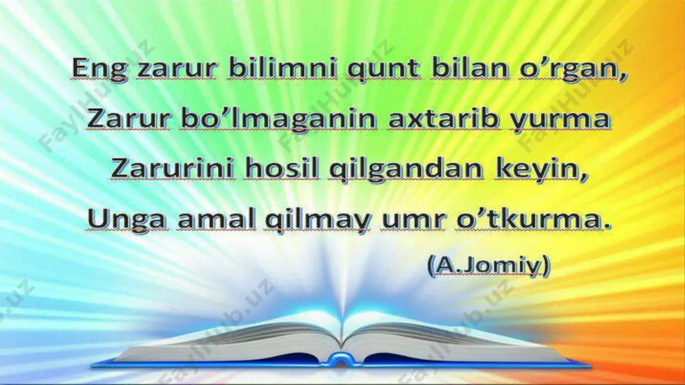 ksik,morfologik va sintaktik vositalarni izohlang.(o’qib tushunish malakasi shakllantiriladi) 10 mustahkamlash: test 1.bu yerga termulib parishon dunyo, to’g’rilab oladi qo’lda soatin. (a.oripov) yuqoridagi ushbu baytda ko’chimning qaysi turi ishtirok etgan? metafora b) metonimiya c) kinoya d) sinekdoxa 2. narsa yoki tushunchalar o’rtasidagi butun-bo’lak munosabati asosida birining nomi ikkinchisiga ko’chishi a) sinekdoxa b) metonimiya c) metafora d) kinoya 3. quyidagi qaysi qatorda metaforaga oid misol ishtirok etgan. a) dasturxonga qarang, mehmon. b) qo’limni kesib oldim. c) navoiyni oldim qo’limga. d) panjara kuylaydi misoli chiltor 4. shakliy o’xshashlik va joylashuviga qarab o’xshashlik……. a) metafora b) sinekdoxa c) metonimiya d) kinoya 5. daraxtga qushlar qo’ndi. ushbu usuldagi ma’no ko’chish turini toping. a) sinekdoxa b) metonimiya c) vazifadoshlik d) metafora test javoblari: 1. b 2.a 3. d 4.a 5.a qo`shimcha ma’lumot: uyga vazifa:46-mashq. matnni ko‘chiring, unda mantiqiylik sifatining ta’minlanishida ishtirok etgan sintaktik birliklarni izohlang. image1.jpg image2.jpg image3.jpg image4.jpg image5.jpg image6.jpg image7.jpg image8.jpg image9.png image10.jpg image11.jpg …