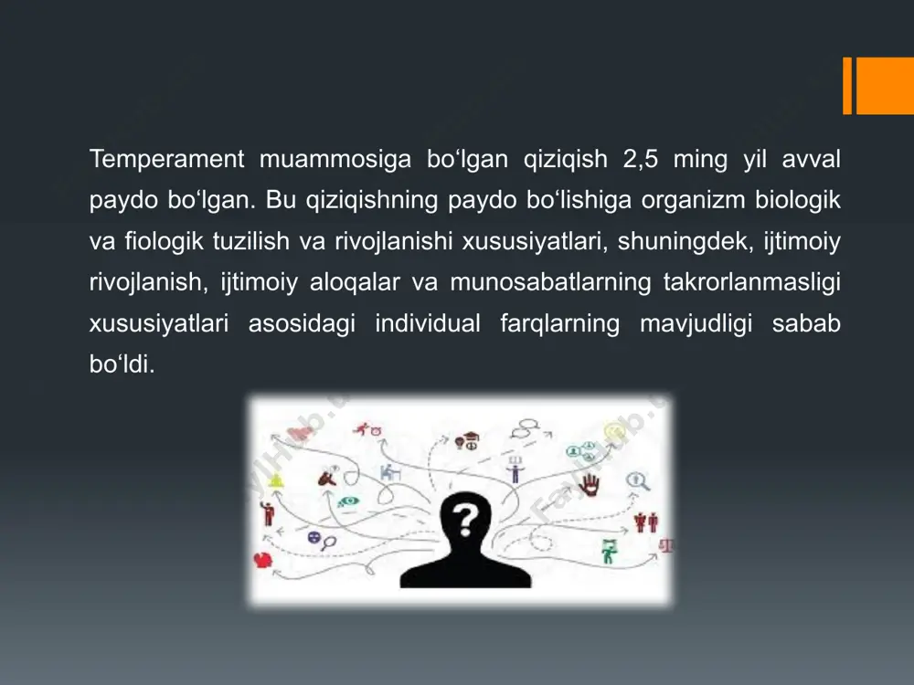 sustlik va harakatsizlik darajasini xarakterlaydi. o‘z navbatda emotsionallik belgi (ijobiy va salbiy) modallik (shodlik, qayg‘u, qo‘rqinch, g‘azab va boshqalar)ni aniqlagan holda emotsional jarayonlar kechishini xarakterlaydi. qadimgi zamonlardan boshlab, temperament to‘rt xil asosiy tiplarga bo‘lingan edi, bular xolerik, sangvinik, melanxolik va flegmatik temperament turlaridir. temperamentning bu asosiy turlari bir-biridan paydo bo‘lish dinamikasi va emotsional holatlar jadalligiga ko‘ra farqlanadi. temperament tiplarini turmush psixologiyasi nuqtai nazaridan shunday xarakterlash mumkin: xolerik – tez, ba’zida, hatto, juda keskin, nutqda, mimika va imo-ishoralarda yaqqol ifodalanadigan kuchli tezda alangalanadigan hislarga ega, jadal emotsional ta’sirlanishga moyil odam; sangvinik – tez, harakatchan, barcha taassurotlarga emotsional javob beruvchi odam, uning hislari bevosita tashqi xulqatvorida ifodalanadi, lekin ular kuchli emas, va bir-birini oson almashtiradi; xolerik tipi uchun tezda paydo bo‘ladigan kuchsiz hislar, melanxolik tipi uchun – sekin-asta paydo bo‘ladigan, lekin kuchli hislar, flegmatik tipi uchun – sekin-asta paydo bo‘ladigan va kuchsiz hislar xosdir. bundan tashqari, xolerik va sangvinik temperamentlar uchun harakatlar …