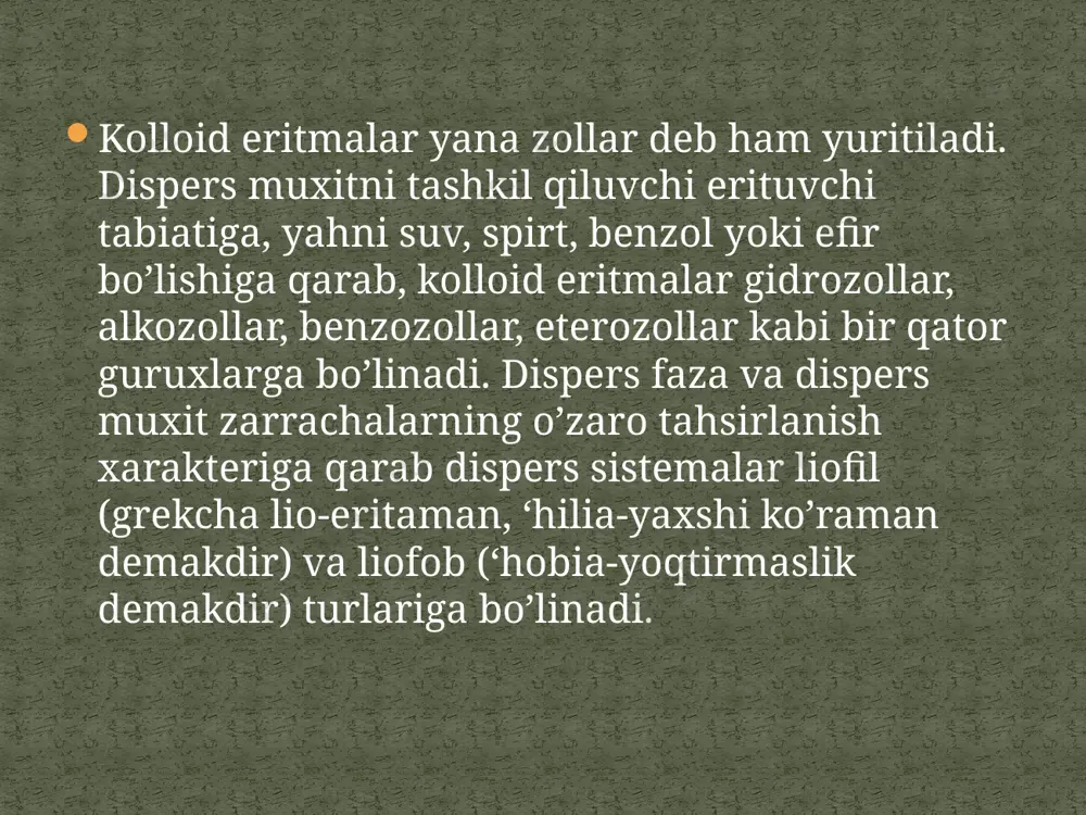 iz va boshqa reaktsiyalardir. kolloid eritmalarni kondensatlash yo’li bilan olishning yana bir usuli erituvchini almashtirish usulidir. bu usul erigan moddani erituvchini almashtirganda erimaydigan yuqoriroq dispers faza xolatiga o’tib ajralib chiqishiga asoslangandir. bu usul bilan oltingugurt, kanifolg’ va boshqa zollarni olish mumkin. xar ikkala usulda xam barqaror zollar olish uchun oz miqdorda stabilizator vazifasini bajaruvchi, kolloid zarrachalarni (mitsellani) yirik agregatlarga birlashishiga xalaqit beruvchi moddalarni ko’shish zarur. stabilizator vazifasini odatda elektrolitlar bajaradi. elektrokinetik xodisalar zollarni ikki elektroddan iborat elektr maydonida kuzatish natijasida mahlum bo’lganki, kolloid zarrachalar doimiy tezlik bilan elektrodlarni biri tomon yunalar ekan. ana shu dispers faza zarrachalarining elektr maydonida tahsirida o’tish xodisasi elektroforez deb nomlanadi. bu xodisa tibbiyotda dorivor moddalarni fizik – terapevtik yo’l bilan organizmga yuborish turlaridan biri sifatida qo’llanadi. agar dispers faza xarakatsiz bo’lsa elektr maydonida dispers muxit, yahni suyuq faza xarakatlanadi va bu hodisa elektroosmos deyiladi. bu ikkala hodisa birgalikda elektrokinetik hodisalar turkumiga kiradi elektrokinetik hodisalar dispers …