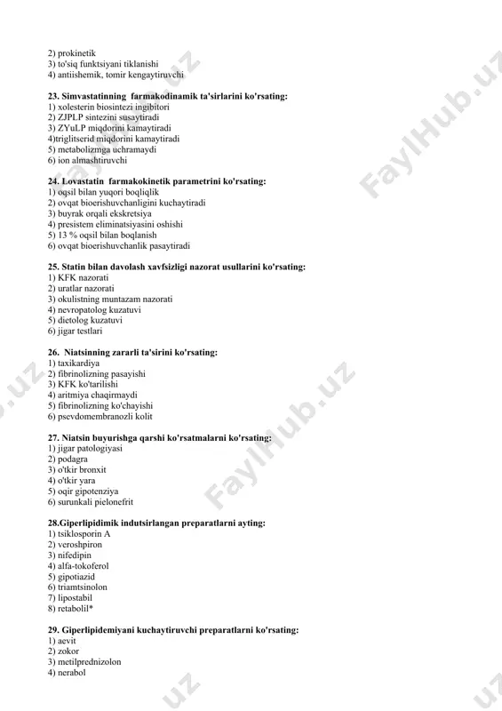 lik 4) ichakdan qon ketishi 5) o'tkir tsistit 6) stabil zo'riqish stenokardiyasi 7) laktatsiya 8) 18 yoshgacha bo'lgan bolalar 32. ko'rsatilgan dvlarni kombinatsiyasida o'anday nojhya ta'sirlar kuzatiladi? 1) diareya, uyquvchanlik 2) aqb oshishi, katarakta 3) miopatiya, rabdomioliz 4) giperglikemiya, giperurikemiya 5) koma, kollaps 33. ko'rsatilgan dv qanday ta'sir mexanizmiga ega? 1) gmg-ko-a-reduktazani ingibirlaydi 2) lipoproteinlipazu faollashtiradi 3) gepatotsitlarda zjplpni sintezini ingibirlaydi 4) ichakda o't kislotalar absorbtsiyasini bloklaydi 5) suktsinat-dgni faollashtiradi image1.gif image2.jpeg image3.jpeg image4.jpeg image5.jpeg