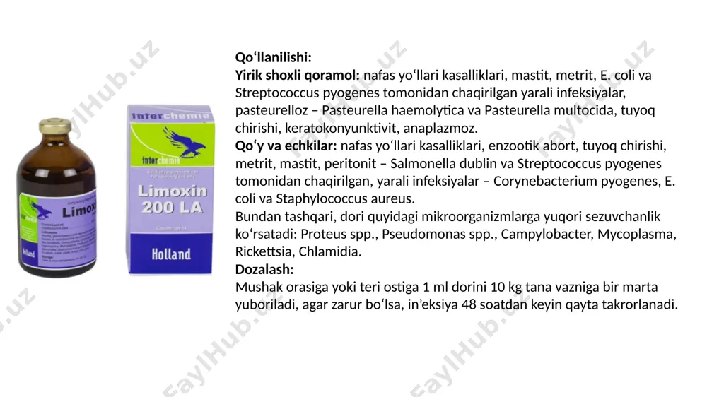 hi preparat sifatida tavsiya etiladi. u asosan organizmga vena qon tomiri orqali 3 mg/kg dozada, 5-7 kun davomida 1 martadan yuborish tavsiya etiladi. itlar leptospirozida 3-5 mg/kg dozada yuboriladi. kapsula, tabletka va ampulalarda 0,1 g miqdorda ishlab chiqariladi. image1.jpeg image2.jpeg image3.jpeg image4.jpeg image5.jpeg image6.jpeg image7.jpeg image8.png blank foil doy pillow pack with shadow /docprops/thumbnail.jpeg