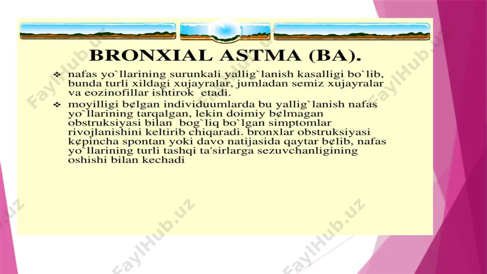 a aksariyat salmeterol, formoterol har 12 soatda ishlatiladi. ba’zi paytlarda ishlatiladigan gormonlar kortikosteroidlar (ingalyatsiya, ichish yoki venaga yuborish usullari) bronxial astma kasalligini og’irlik bosqichiga qarab(1-2-3-4 va 5 bosqichiga) bo’linadi. kasallik xurujlari oralarida bemor hayotini tartibga solish va nerv tizimini mustahkamlash uchun suv muolajalari, psixoterapiya, nafas gimnastikasi buyuriladi. bundan tashqari, bemorni davolashda aktg kortizon, prednizolin, astmatol, antastman, dimedrol kabi dorilar hamda, 10% li kalsiy eritmasi ishlatiladi. ayrim hollarda kasallik xurujini kamaytirish maqsadida bemorning iqlim sharoitini o’zgartirish katta ahamiyatga ega. adabiyotlar: ichki kasalliklar f.i.kamarov, v.g.kukes., a.s. smetnyov., tibbiyot nashriyoti, moskva 1981 yil 4-85 betlar. ichki kasalliklar o’.b. sharopov. abu ali ibn sino nashriyoti toshkent 1994 yil. 3. ichki kasalliklar s.n.bobojonov, abu ali ibn sino toshkent 2003 yil. 4. tibbiyot hamshiralari o’quv qo’llanmasi ramazonova r.a. syomina yu. g. toshkent o’qituvchi nashriyoti 224-232 betlar. e’tiboringiz uchun rahmat!!!!! image1.png image2.png image3.png image4.png