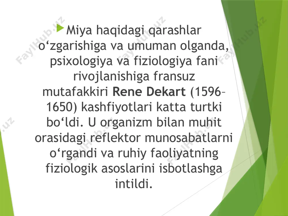 nduktiv metod tarafdori sifatida blez paskal fan falsafaga nisbatan mustaqil bo’lishi kerak, aql esa butunlay faktlarga bo’sunishi kerak, deb hisoblagan. spinoza benedikt ( baruh ) (1632–1677), niderlandiyalik filosof. spinoza xudo va tabiatni birligi haqidagi tezisni ilgari surib, ularni yaxlit, mangu va intixosiz, o’z-o’zining sababi bo’lgan, boshqa har qanday sababni inkor qiladigan substantsiya deb tushungan. bu substantsiya yaralmaydi va yo’q bo’lmaydi. spinozaning fikricha, substantsiyaning sifat harakteristikasi uning ajralmas xususiyati bo’lgan atribut tushunchasi hisoblanadi. atributlar soni cheksiz, lekin inson aqli ulardan faqat ikkitasini, tortilish va tafakkurni anglashi mumkin xolos. leybnits gotfrid (1646 – 1716), nemis filosofi, matematigi, davlat arbobi. asosiy falsafiy asarlari: “metafizika haqida mulohaza” (1685), “tabiatning yangi tizimi” (1695), “odam aqli haqida yangi tajribalar” (1704), “teoditseya” (1710), “ monadologiya” (1714). gotfrid leybnits fan tarixiga quyidagi muhim metodologik printsiplarning muallifi sifatida kirgan: 1)farqlanmaydigan buyumlarning o’hshashligi va 2)umumiy farqlar. farqlanmaydigan buyumlarning o’xshashligi printsipi shuni anglatadiki, agar ikkita buyum aslida bitta narsaning o’zi bo’lsa …
