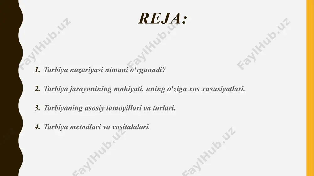 ining chorvachilik, dehqonchilik yoki boshqa soha bilan shug‘ullanishidan kelib chiqqan holda tarbiya jarayoni ham oʻziga xos xususiyatlarga ega boʻlgan agar hayvonot dunyosida asosan instinktlar yordamida rivojlanadigan boʻlsa, inson bolasi aynan tarbiya, ya’ni maqsadli tashkiliy – uslubiy ta’sirlar yordamida kamolga yetadi. bu ta’sirlar oiladagi an’analar va urf – odatlarga tayanadigan boʻlsa, ta’lim muassasalarida maxsus ma’lumotlarga ega boʻlgan mutaxassislar tomonidan amalga oshiriladi ta’lim-tarbiya oʻzaro uzviy bog‘liq boʻlgan bir jarayonning – shaxsning shakllanishi va rivojlanishi jarayonining ikki tomonidir. tarbiya oʻsib kelayotgan avlodni hayotga tayyorlash jarayonini, shu jumladan ta’lim va bilim olishni ham oʻz ichiga oladi. bir butun tarbiya jarayonida uning oʻzaro bog‘liq boʻlgan ikki qismi ajratiladi: hayotni bilish va unga munosabatni shakllantirish. hayotni bilish asosan ta’limning vazifasi boʻlsa, tarbiyaning vazifasi unga nisbatan munosabatni shakllantirishdan iborat tarbiya oʻziga xos xususiyatlarga ega boʻlgan oʻta murakkab jarayon 1. tarbiyaning maqsadga yoʻnalgan jarayon ekanligi. maqsad qay darajada aniq va tarbiyalanuvchiga yaqin boʻlsa, bu jarayon shuncha samarali kechadi. …