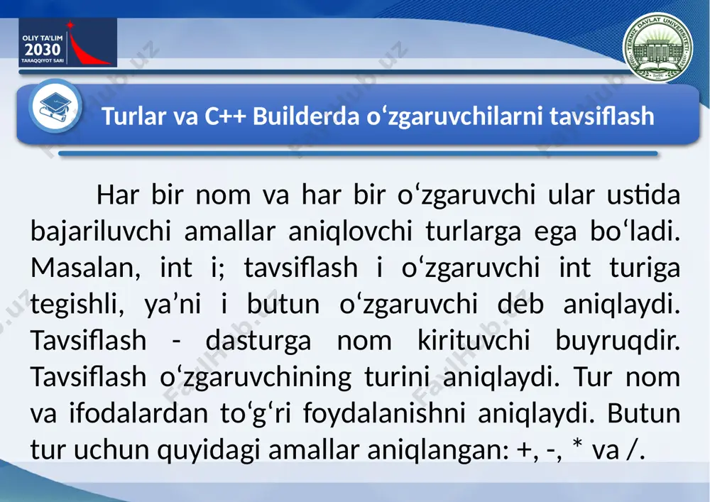 yrug‘ining bajarilishi ifodaning qiymatini hisoblashdan boshlanadi. so‘ngra ish quyidagi sxema asosida amalga oshiriladi: agar ifoda rost bo‘lsa (ya’ni 0 dan farqli), u holda 1 - operator bajariladi. agar ifoda yolg‘on bo‘lsa (ya’ni 0 ga teng), u holda 2 - operator bajariladi. agar ifoda yolg‘on va 2 - operator yo‘q bo‘lsa (kvadrat qavsga zarur bo‘lmagan konstruktsiya kiritiladi), u holda if dan keyingi buyruq bajariladi. shartli buyruq misol: if (i < j) { i++; } else { j = i-3; i++; } bu misol 1 - operatorning o‘rnida ham, 2 - operatorning o‘rnida ham murakkab konstruktsiya qatnashishi mumkinligini bildiradi. ichma-ich if buyrug‘ini ishlatish imkoniyati ham mavjud. if buyrug‘i boshqa if buyrug‘ining if yoki else konstruktsiyalari ichida qatnashishi ham mumkin. darsni mustahkamlash nazorat savollari: 1)identifikator nima? ularrni yozish qoydasini tusuntiring. 2)dasturda o’zgarmaslar qanday tavsiflanadi? 3)qo’shimcha turlar qanday turlar? 4)int va unsigned turlari qanday farq qiladi? 5)sonli qiymatlar qanday qilib satrga almashtiriladi? 6)standart turlarga …