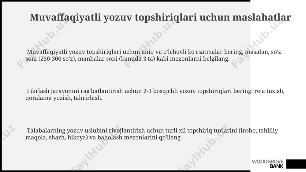 нида 5 баллик тизимдан фойдаланилади, ҳар бир мезон бўйича 1 дан 5 баллгача берилади, якуний балл уларнинг ўртача арифметик қиймати билан аниқланади. ишлатилган манбаларнинг тўғри кўрсатилиши ва академик ёзув талабларига риоя этилиши учун 10% қўшимча балл берилиши мумкин, умумий балл 100% дан ошиши мумкин эмас. ёзув топшириқларини баҳолашда 30% мазмунга, 30% тил маҳоратига (грамматика, луғат бойлиги), 40% эса аргументация ва таҳлилий қобилиятга ажратилади. woodgrove bank e'tiboringiz uchun rahmat @taqdimot_robot woodgrove bank