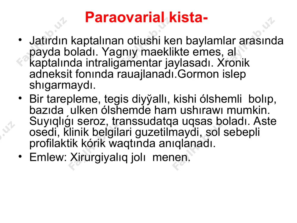 emleu –xiruriyalıq jolı menen. metastatik ospeler krukenberg ospesi: birlemshi ochag – askazan, isheklerde boladı. bul eki tarepleme ospeler, onsha ulken bolmagan olshemde (diametri 8-10 sm), xareketshen, sırtı tegis emes. kesip korgende yacheykalı duziliste, kuramı silekeyli. ospeler rauajlanıu patogenezi gormonalozgerisler - giperprodukciya gonadotropinov: fsg, lg askıngan nasillik (otyagoshennaya nasledstvennost'), viruslar: adam papilloması virus ii tipi stress, endogen, ekzogen faktorlar: jokarı chastotalı toklar, rentgen nurlanıu. klinika. klinik korinisler – mayeklik ospelerinde patognomonik emes. menstrual cikl buzılıuı, organlar funkciyası buzılıuı x.t.b. klinik klassifikaciyasi. 1 stadiya – ospe mayeklikte shegaralangan. 2 stadiya - ospe kishi shanakka taralgan. 3 stadiya – metastazlar kishi shanaktan shıgıp, karın boslıgına xam regionar limfa tuyinlerine taralgan. 4 stadiya – metastazlar uzak jaylaskan organlarga tarpalgan. mayeklik óspeleriniń asqınıwları. malignizaciya. óspe ayaqshasınıń buralıp qalıwı. óspeniń infekciyalanıwı ham irińlesiwi. óspe kapsulasınıń jarılıwı. differincial diagnostika. simptomlar kesellikler aўırıw jatırdan tısqarı hamledarlık. hamleniń tusiwi. appendicit. mekkel divertikulı. devertikulit. qarınıń ulkeyiwi hamledar jatır. jatır mioması. …