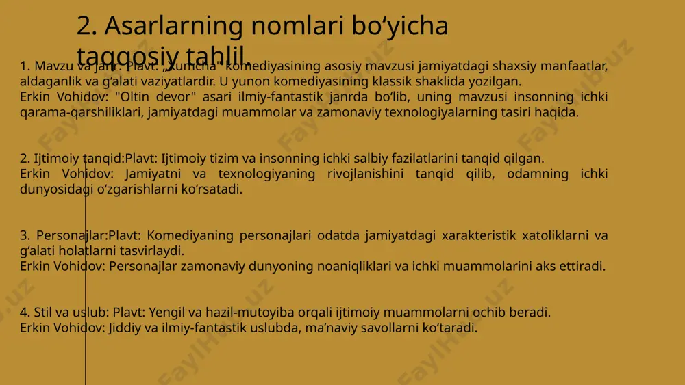 ortret tahlili. titus maktsiy plavtning "xumcha" asarida bosh qahramon yevklon (evklon) - bu boylikka va mol-mulkka juda qiziqadigan, lekin o'zining ahloqiy qadriyatlarini yo'qotgan xarakterdir. u o'zining pullari va mulkini ko'paytirishga intiladi, lekin bu yo'lda ko'plab axloqiy dilemmalarga duch keladi. yevklonning xarakteri, uning avaragarchilikka va hiyla-nayranglarga moyilligi orqali, plavt o'z asarida ijtimoiy tanqidni va inson tabiatining zaif tomonlarini ochib beradi. u, shuningdek, boshqa qahramonlar bilan o'zaro munosabatlarida ko'plab kulgili vaziyatlarga sabab bo'ladi. yevklonning xarakteri va uning xatti-harakatlari asarning komediya elementlarini kuchaytiradi va tomoshabinlarga hayotdagi ahloqiy qiyinchiliklarni ko'rsatadi. yevklon abdusalom abdusalom — asarning bosh qahramoni, zamonaviy dunyo va uning muammolari bilan yuzma-yuz kelayotgan bir kishi. u texnologik taraqqiyot va ma’naviy qadrlar o‘rtasida o‘zining joyini topishga harakat qilayotgan shaxs. abdusalomning xarakteri, uning ma'naviy izlanishlari va jamiyatdagi o‘zgarishlarga nisbatan munosabati orqali yuzaga kelgan ichki qarama-qarshiliklar bilan belgilanadi. u asarda insonning ma'naviy qadrini va texnologiya bilan bog‘liq xavflarni anglashga harakat qiladi. 7. peyzaj taqqosiy tahlili …