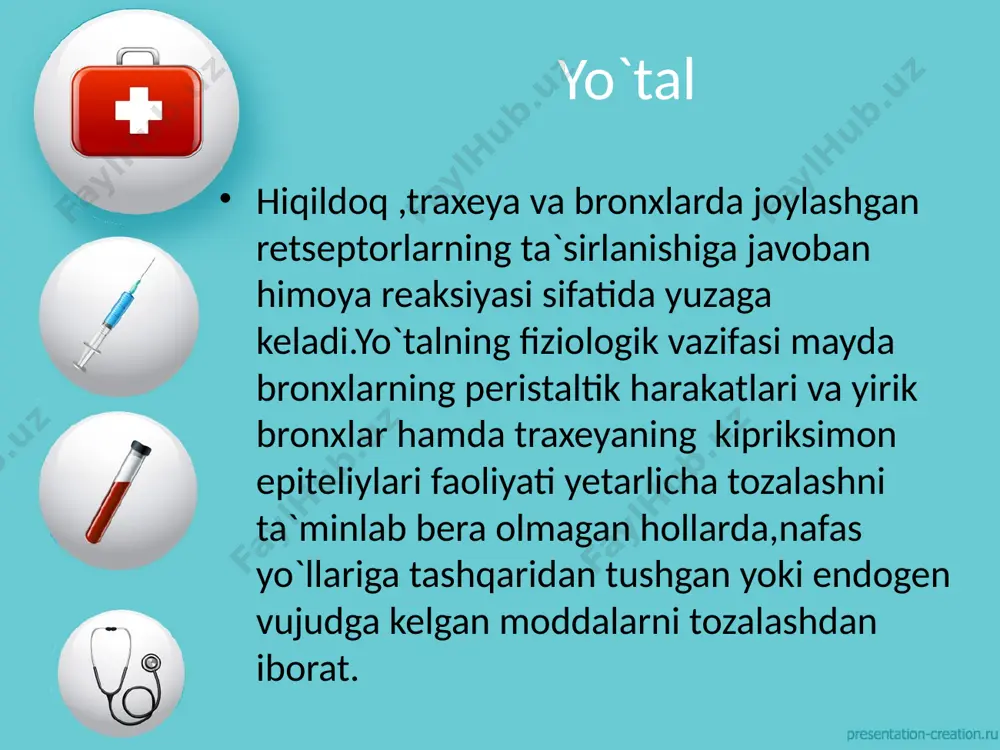an kaft asosi bilan bosiladi.yuqoridagi palpatsiya orqali normada ko`krak qafasining cho`ziluvchanligi va mayinligi seziladi. ko`krak qafasi ekskursiyasini baholash keyinchalik kaftlar ko`krakning yon simmetrik sohalariga qovurg`alar yo`nalishi bo`ylab qo`yiladi va yon tomondan bosiladi. ko`krak qafasi ekskursiyasini baholash so`ngra ko`rsatkich yoki o`rta barmoq bilan qovurg`alar oraliqlari navbatma-navbat paypaslanadi.bu usulda ko`krak devori va qovurg`alararo oraliqning qattiqligiga baho berish mumkin.qarshilikning ortishi quyidagi hollarda kuzatiladi:1)plevra bo`shlig`ida suyuqlik 2)plevra o`smasi 3)qovurg`a tog`aylarining suyaklanishi 4)o`pka emfizemasi tovush titrashini aniqlash kaft ko`krakning simmetrik sohalariga vertical va gorizontal tarza o`rnatiladi.bemordan tarkibida “r” harfi bor so`zlar imkon qadar past ovozda aytishi so`raladi(traktor,arra va hokazo).bunda vrach barmoqlar va kaftida tovush titrashini sezadi.normada tovush titrashi ko`krakning simmetrik sohalarida bi xilda seziladi. tovush titrashini aniqlash vrach kaftlari joylashadigan sohalar: 1)olddan:-o`mrov osti sohasi,-o`mrov usti sohasi 2)ko`krak qafasi yon qismlari:-vrach kafti gorizontal tarzda qo`yiladi,bemor qo`llari ensa sohasida bo`ladi 3)ortdan:bemordan qo`llarini ko`krakda tutishi so`raladi.-kurak usti sohasi,-kurak oralig`i,-kuraklar osti sohasi. tovush titrashini aniqlash image3.jpg image4.png image5.png image6.png …