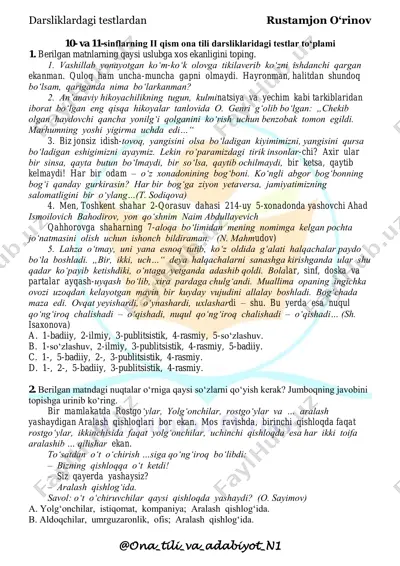 10- va 11-sinflarning ii qism ona tili darsliklaridagi testlar to‘plami — PDF