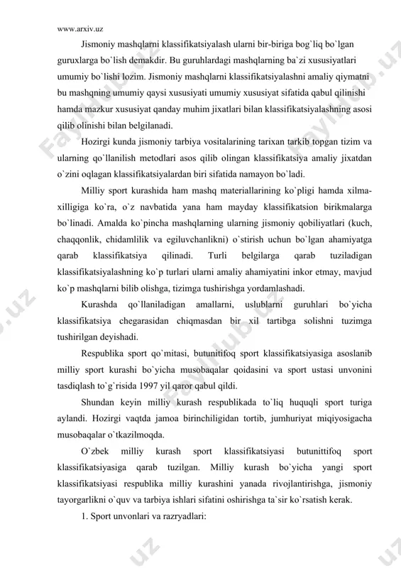 da. o`zbek milliy kurash sport klassifikatsiyasi butunittifoq sport klassifikatsiyasiga qarab tuzilgan. milliy kurash bo`yicha yangi sport klassifikatsiyasi respublika milliy kurashini yanada rivojlantirishga, jismoniy tayorgarlikni o`quv va tarbiya ishlari sifatini oshirishga ta`sir ko`rsatish kerak. 1. sport unvonlari va razryadlari: milliy kurash bo`yicha quyidagi unvonlar va sport razrydlari beriladi: sport unvonlari: a) o`zbekiston faxriy sport ustasi. b) o`zbekiston sport ustasi. c) o`zbekiston sport ustasiga nomzod. d) birinchi razryad e) ikkinchi toifa f) uchinchi toifa g) birinchi yoshlar toifasi h) ikkinchi yoshlar toifasi o`zbekiston sport ustasi 18 yoshga va undan katta yoshdagi kurashchilarga shu unvonga belgilangan norma va talabalarni bajargan, har doim musobaqalarga o`z fizkultura jamoasi nomidan tushadigan, jismoniy tarbiya sog`lamlashtirish ishlarida faol qatnashuvchilarga beriladi. sport ustaligiga nomzod 1-2-3 sport unvonlari 16 va undan katta yoshdagi kishilarga beriladi. o`smirlar unvonlari ikki yilgacha haqiqiy hisoblanadi, unvonga ega sportchi o`z unvonodan yuqori turadigan sportchilar bilan olishuvga haqlidir. unvon olish uchun musobaqa tushib shu unvon talablarini …