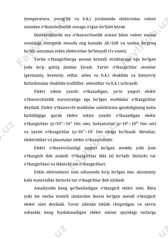 ), izolyatorlar (ρ=105(1018 om(sm) va yarim o‘tkazgichlar (ρ=10-4(105 om(sm)ga bo‘linadi. metallar, elektrolitlar va plazmalar elektr o‘tkazuvchidir. elektr o‘tkazuvchanligi yuqori bo‘lgan modda yoki jism o‘tkazgich deb ataladi. o‘tkazgichlar ikki xil bo‘ladi: birinchi tur o‘tkazgichlari va ikkinchi tur o‘tkazgichlari. erkin eletronlarni soni nihoyatda ko‘p bo‘lgan mis, alyuminiy kabi materiallar birinchi tur o‘tkagichlar deb aytiladi. amaliyotda keng qo‘llaniladigan o‘tkazgich elektr simi. bitta yoki bir necha tomirli simlardan iborat bo‘lgan metall o‘tkazgich elektr simi deyiladi. tovar sifatida ishlab chiqarilgan va servis sohasida keng foydalanadigan elektr simlar quyidagi turlarga bo‘linadi: izolyatsiyalangan, izolyatsiyalanmagan elektr simi; cho‘lg‘ambop elektr simi; montaj simlari, elektr shnurlari, uzaytirgich (udlinitel) va boshqa turlarga bo‘linadi. elektr simi elektr energiyasini o‘zatish va taqsimlash, elektr va radio signallarini uzatish hamda elektr mashinalar, transformatorlar, o‘lchash asboblari va boshqa asbob-uskunalar cho‘lg‘amlarini tayyorlashda qo‘llaniladi. hozirgi zamonda simli aloqa katta ahamiyatga ega. axborotni sim orqali elektr signallar vositasida uzatish va qabul qilish simli aloqa deb aytiladi. simli aloqa elektr …