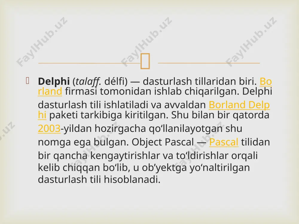 i satrga o’tish ta’minlanadi . read(a,b,s,…) va readln operatorlarining birgalikda qo’llanishi readln(a,b,s,…) operatoriga ekvivalent hisoblanadi . delphi tilida butun, haqiqiy va simvolli berilganlarni kiritish mumkin . chiqarish operatori chiqarish operatori dasturda hosil bo’lgan natijalarni chiqarish uchun qo’llaniladi . chiqarish operatori quyidagi ko’rinishlarda bo’lishi mumkin : 1. write(x,y,z,…) –bu operator bajarilganda x,y,z,… o’zgaruvchilarning qiymatlari chiqariladi . bunda x,y,z,… lar qiymati chiqarilishi kerak bo’lgan o’zgaruvchilarning ro’yxati . 2. writeln(x,y,z,…) –bu operator bajarilganda x,y,z,… o’zgaruvchilarning qiymati chiqariladi va yangi satrga o’tishni ta’minlaydi . 3. writeln – display ekranida yangi satrga o’tishni ta’minlaydi . bu yerda ham write(x,y,z,…) va writeln operatorlari birgalikda writeln(x,y,z,…) operatoriga teng kuchli . y=x+cos(y/exp(1)) , y0(1,4)=2.5 , xє[1.4,2.4] , n=10 , h=(xk-x0)/n program project (apptype console) uses sys utils var x,y,x0,xk,y0,n,h:real; function f(x,y:real):real; begin writeln(‘kiriting-x0,xk,y0,n); readln(x0,xk,y0,n); h:=(xk-x0)/n; x:=x0; y:=y0; repeat y:=y+f(x,y)*h; x:=x+h; writeln(‘x=’,x:3:2,’y=’,y:3:2); until x>xk; readln end. x=1.50 y=2.70 x=1.60 y=2.91 x=1.70 y=3.11 x=1.80 y=3.32 x=1.90 y=3.54 x=2.00 y=3.76 x=2.10 …