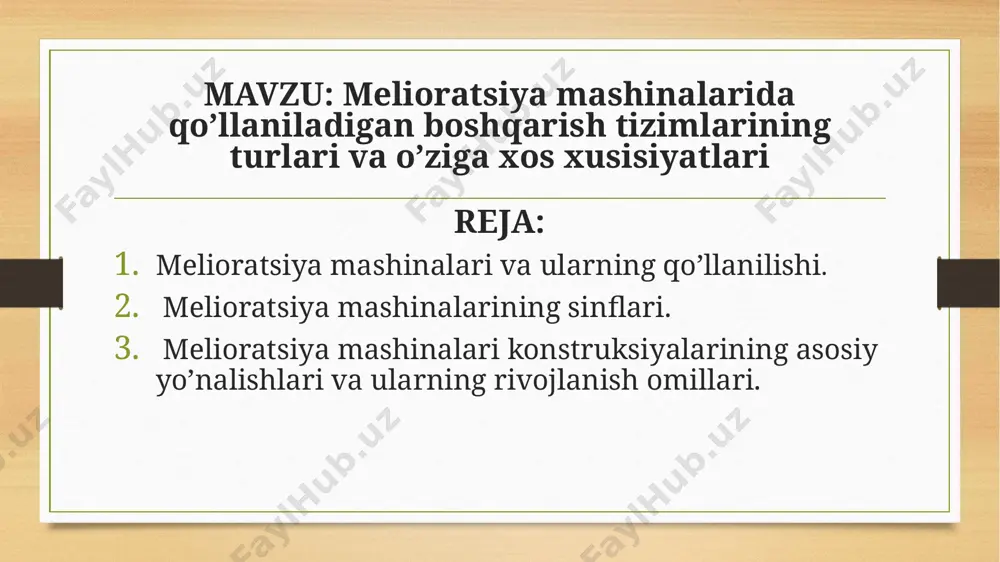 an talab ortib bormoqda. yerlarni suv tanqisligidan himoya qilish ehtiyoji: suv resurslarini samarali boshqarish muhim bo‘lgan hududlarda melioratsiya texnikasining rivoji talab qilinmoqda. qishloq xo‘jaligi mahsulotlarini ishlab chiqarishni oshirish: erlarni unumdor qilish orqali qishloq xo‘jaligi mahsulotlarini ko‘paytirish ehtiyoji melioratsiya texnikasi rivojiga turtki beradi. ilg‘or texnologiyalarning joriy etilishi: masofadan turib boshqariladigan mashinalar va zamonaviy dasturiy ta’minotlar melioratsiya jarayonini yanada samarali qilishga yordam beradi. etiboringiz uchun rahmat!!! @kholikov_0033 image7.png image8.png image9.png image10.png image11.png image12.png image13.png image14.png image15.png image16.png image17.png image18.png image19.png image20.png image21.png image3.png image4.png /docprops/thumbnail.jpeg