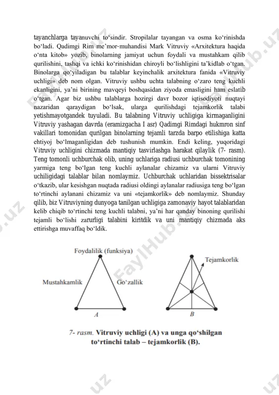 endi keling, yuqoridagi vitruviy uchligini chizmada mantiqiy tasvirlashga harakat qilaylik (7- rasm). teng tomonli uchburchak olib, uning uchlariga radiusi uchburchak tomonining yarmiga teng bo„lgan teng kuchli aylanalar chizamiz va ularni vitruviy uchiligidagi talablar bilan nomlaymiz. uchburchak uchlaridan bissektrisalar o„tkazib, ular kesishgan nuqtada radiusi oldingi aylanalar radiusiga teng bo„lgan to„rtinchi aylanani chizamiz va uni «tejamkorlik» deb nomlaymiz. shunday qilib, biz vitruviyning dunyoga tanilgan uchligiga zamonaviy hayot talablaridan kelib chiqib to„rtinchi teng kuchli talabni, ya‟ni har qanday binoning qurilishi tejamli bo„lishi zarurligi talabini kiritdik va uni mantiqiy chizmada aks ettirishga muvaffaq bo„ldik. nazorat savollari: 1. jamoat binolarining tarkibiy elementlariga nimalar kiradi? ularni izohlang? 4. jamoat binolarining xarakterli belgilarini izohlang? uyga vazifa:xar bir o‟quvchi o‟zi yashaydigan binoning tarkibiy qismlarini yozib kelish. foydalanilgan adabiyotlar: 1. a. s. uralov t. f. kushmanov “binolar tipologiyasi” o‟quv qo‟llanma. 2. n.j. to„ychiyev “bino va inshootlar konstruksiyasi”darslik. 3. “bino va inshootlar tipologiyasi” fanidan ma‟ruzalar matni. 4. и.а.синянский н.и.манешина “типология …