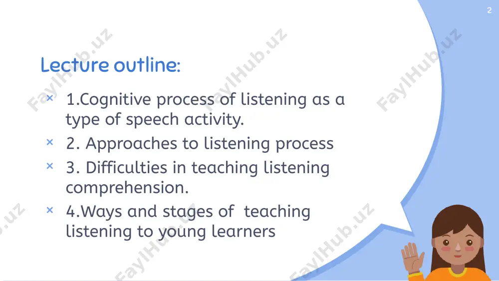 ying attention to the words that are being spoken with the intention of understanding. learners have to be able to understand the main idea of what is said. 11 listening is considered as a speech activity because verbal communication is conducted via speaking and listening to get information and understand the received information 12 listening comprehension listening comprehension means to understand the message perception and comprehension of the message go simultaneously listening is a complex skill of a student. while speaking a student selects the language units and compensates for his deficiencies; while listening he can not take the control over the language that is used. he must be prepared to cope with a wide range of extralinguistic and linguistic performance factors, which are out of his/her control (background noise, distance, accent, dialect). 13 listening skills can be developed by teaching vocabulary, grammar and pronunciation. vocabulary helps you to understand …