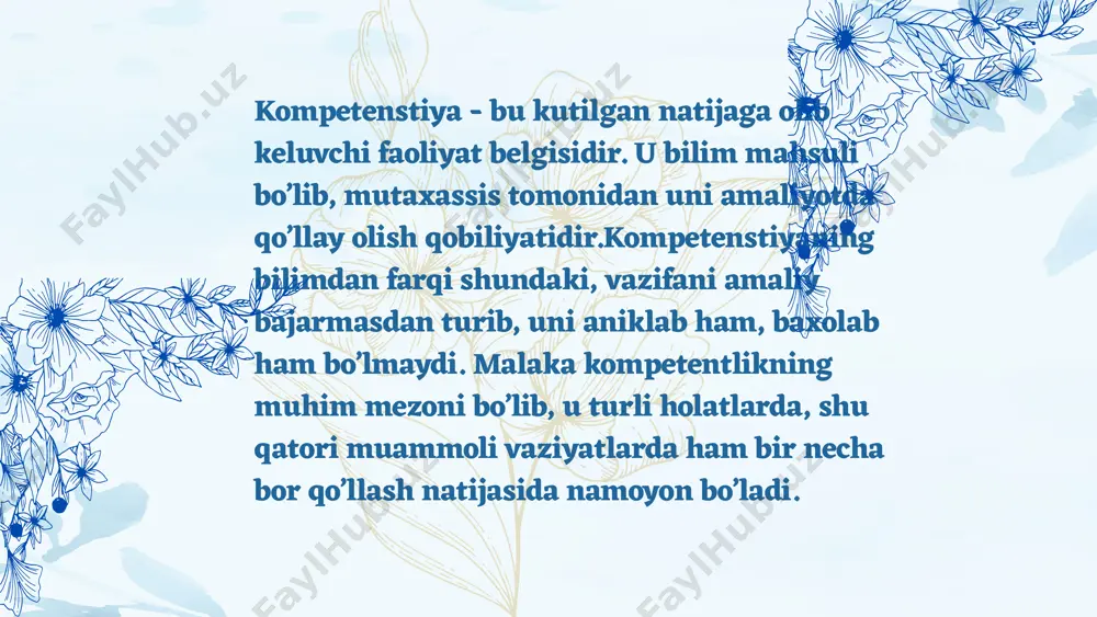 bo’lgan qiziqishi ularda qoniqish hissini uyg’otadi. s.t.shatskiyning taʼkidlashicha, oʻqituvchi oʻquvchilarning hayotiy tajribasini chuqur bilgan va shu asosda ilmiy bilimlar tizimini shakllantirish orqali oʻquv jarayonini samarali tashkil etish mumkin: “oʻqituvchi birinchi navbatda oʻquvchilar tajribasini aniqlashi, keyin uni tizimlashtirishga yordam berishi va shundan keyingina yangi bilimlarni bolalarning mavjud bilimlari bilan bog’lab taqdim etishi kerak” xulosa o’rnida aytishimiz mumkinki, hozirgi zamon maktab o’qituvchisining kasbiy bilimdonligi va qobiliyati mezonlariga quyidagilar kiradi: ijtimoiy, uslubiy va ixtisoslik bilimdonligi hamda bilish, tushuntira olish, kuzatuvchanlik, nutq, tashkilotchilik, obro’ orttira olish, to’g’ri muloqot qila olish, kelajakni ko’ra bilish va diqqatni taqsimlay olish qobiliyatlari kiradi. o’qituvchi o’zini egallab turgan lavozimi darajasida kasbiy kompetentlikka ega ekanligini his etgandagina pedagogik jarayonni muvaffaqiyatli tashkil etishi mumkin. zotan uni kasbiy bilimdonlik, halollik, rostguylik, izlanuvchanlik, tinimsiz sermahsul mehnat, ijodkorlik va yaratuvchanlik kabi fazilatlar yuksaltiradi. uning bilimdonligi, faolligi, mehnatkashligi, kamtarligi, ma’naviyati va madaniyati, ma’rifatliligi o’quvchilari, bo’lajak kasb egalarining hurmat-ehtiromiga sazovor etadi. e’tiboriz uchun rahmat image1.png image2.png …