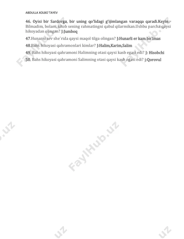 da yozilgan? j:ertak 42.ona tilim she`rida qaysi buyuk shaxslar tilga olingan? j:a.temur,a.navoiy,mirzo bobur,mashrab,mirtemir 43. „ey yaxshilar, bolalar orasida ko‘proq bo‘ling, sizlarning tashrifingiz ular uchun bir shifodir“,ushbu oarcha qaysi hikoyadan olingan? j:unitilmas bayram 44. xo’roz nima uchun ucha olmas ekan?j:uchish darsidan qolgani uchun 45.xo`roz nega uchmaydi she`rida xo`rozni qaysi qushlar uyg`otibdi? j:ukki,turna,mayna,kaklik abdulla xolbo`tayev 46. oyisi bir sardorga, bir uning qo‘lidagi g‘ijimlangan varaqqa qaradi.keyin:- bilmadim, bolam, kitob sening rahmatingni qabul qilarmikan.ushbu parcha qaysi hikoyadan olingan? j:jumboq 47.hunarni sev she`rida qaysi maqol tilga olingan? j:hunarli er kam bo`lmas 48.bahs hikoyasi qahramonlari kimlar? j:halim,karim,salim 49. bahs hikoyasi qahramoni halimning otasi qaysi kasb egasi edi? j: hisobchi 50. bahs hikoyasi qahramoni salimning otasi qaysi kasb egasi edi? j:qorovul